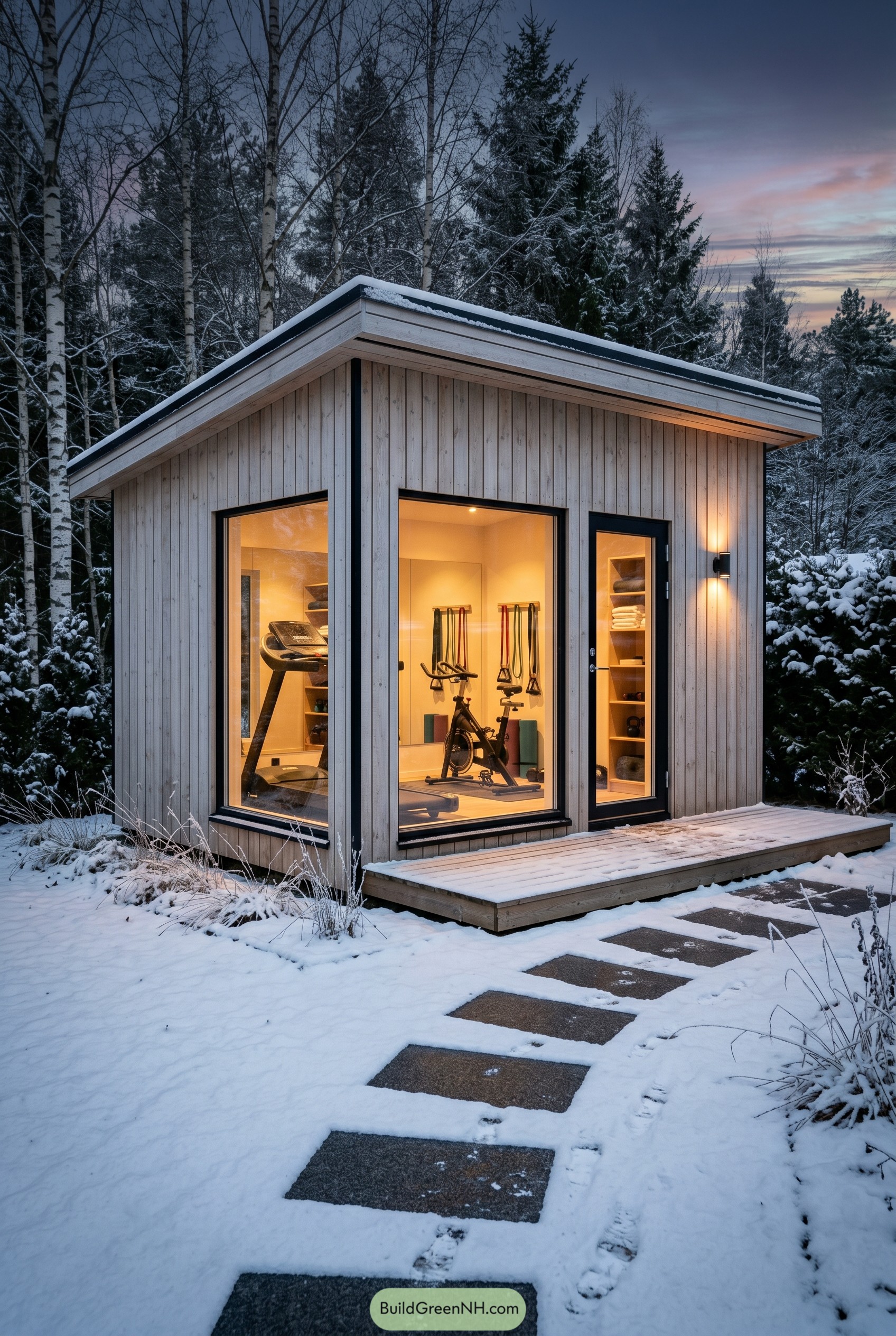 Modern timber gym shed in snowy woods