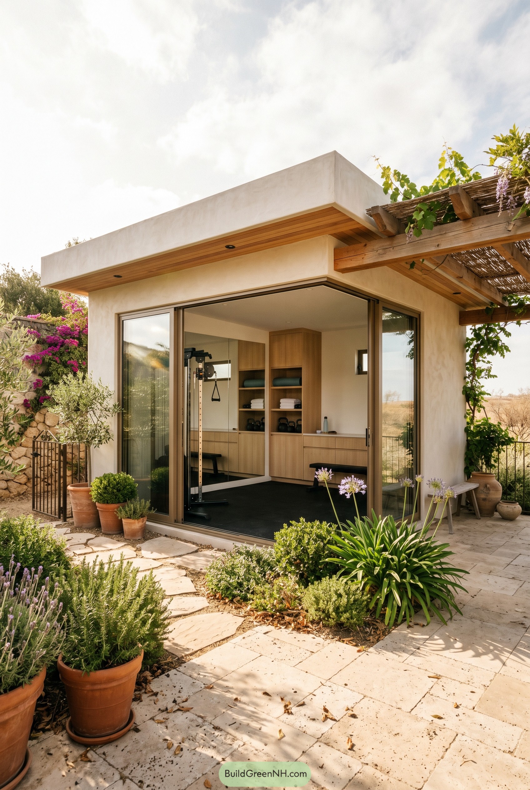 Modern stucco backyard gym with open glass walls