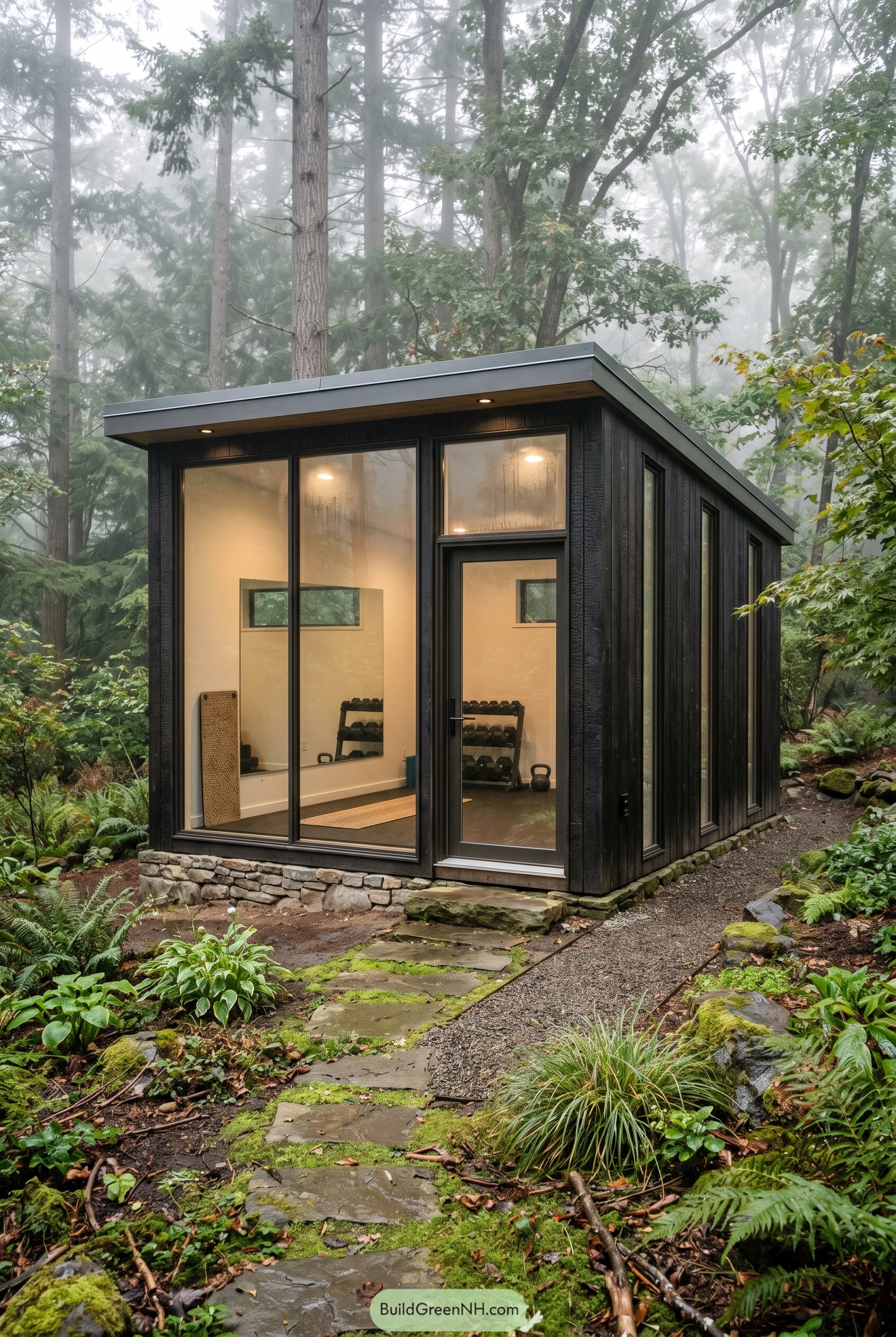 Dark glass front gym shed in misty woods