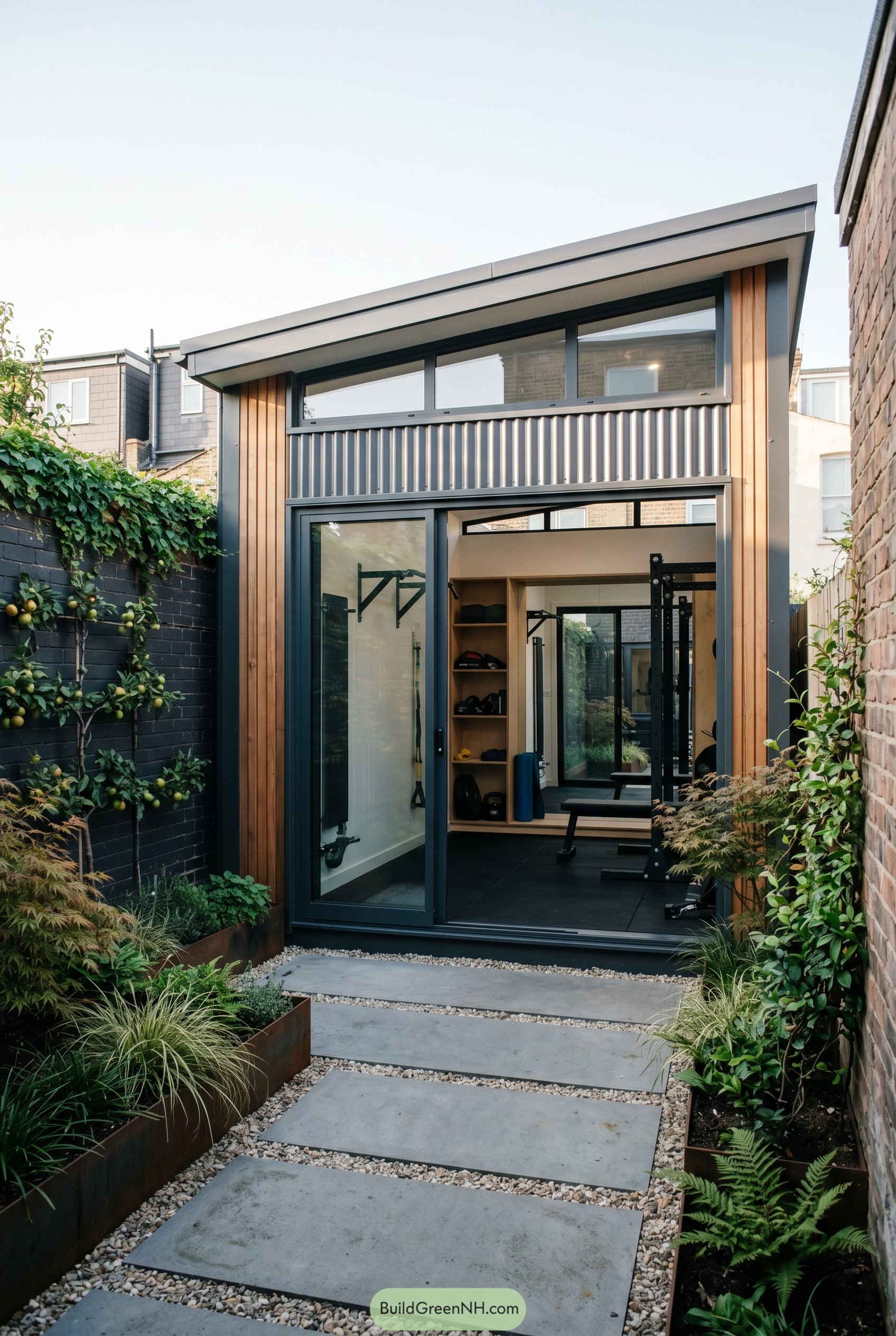 Modern backyard gym shed with sloped roof