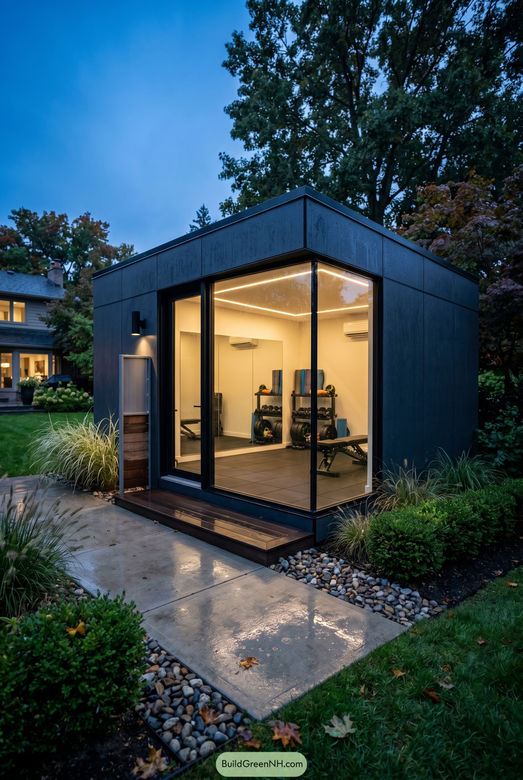 Black backyard gym shed with corner glass