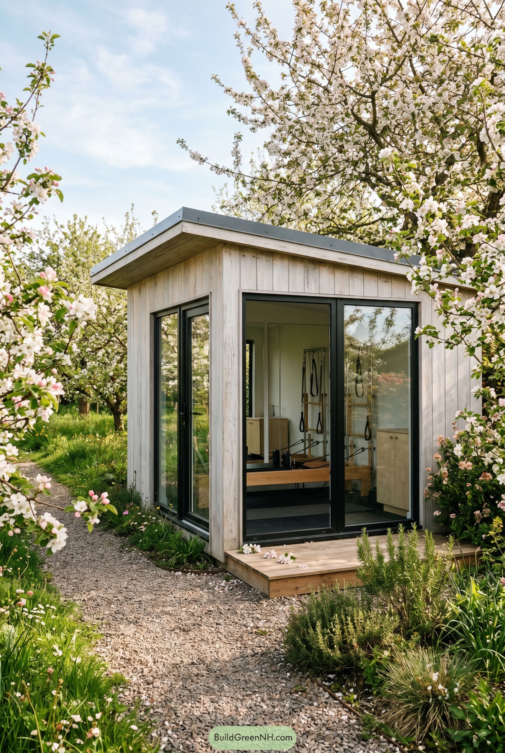 Modern timber gym shed in a flowering garden