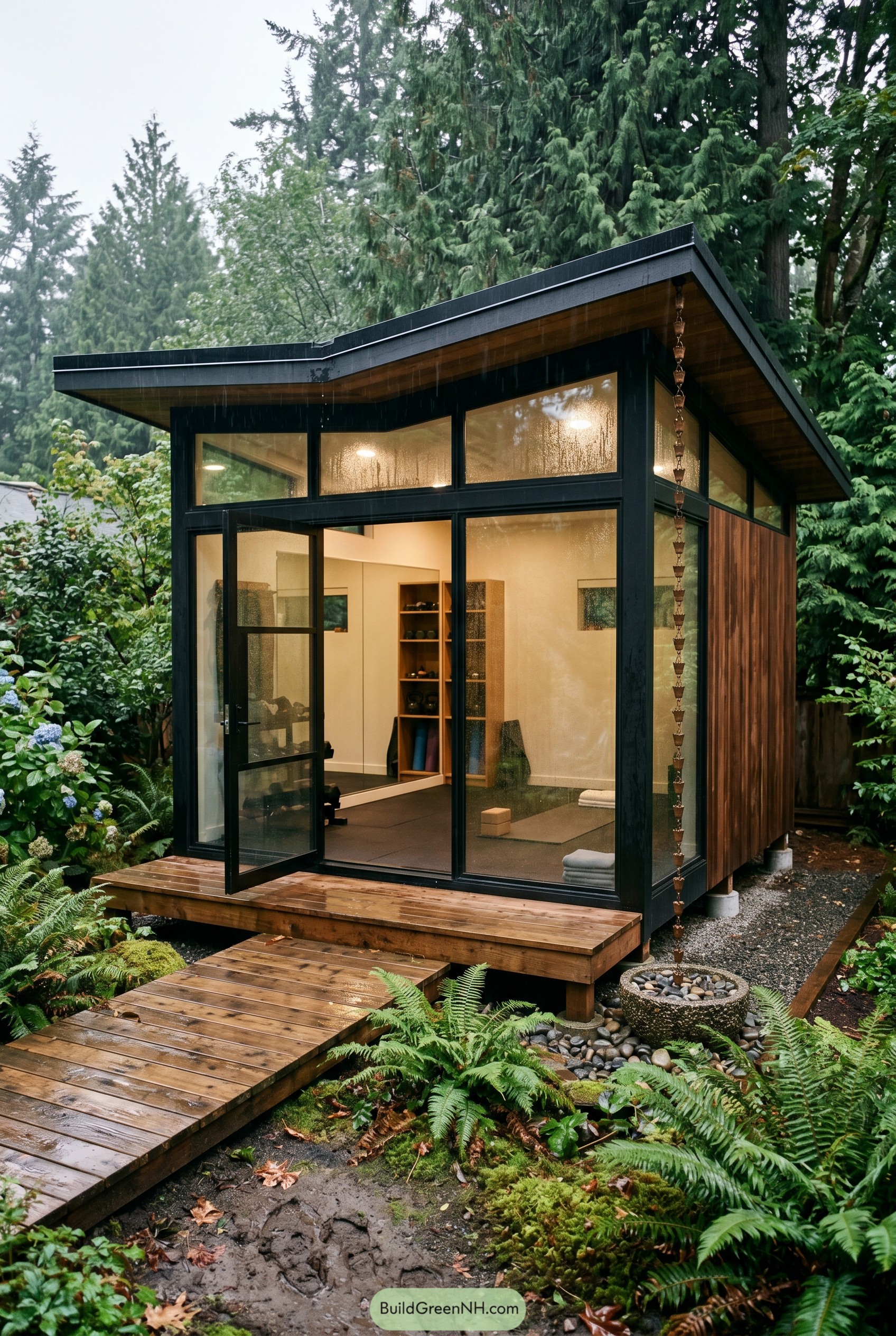 Modern glass gym shed with sloped roof in rainy garden
