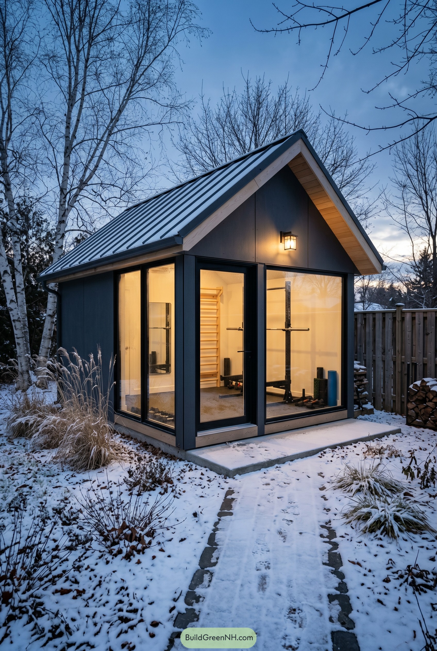 Dark gabled backyard gym shed in snow