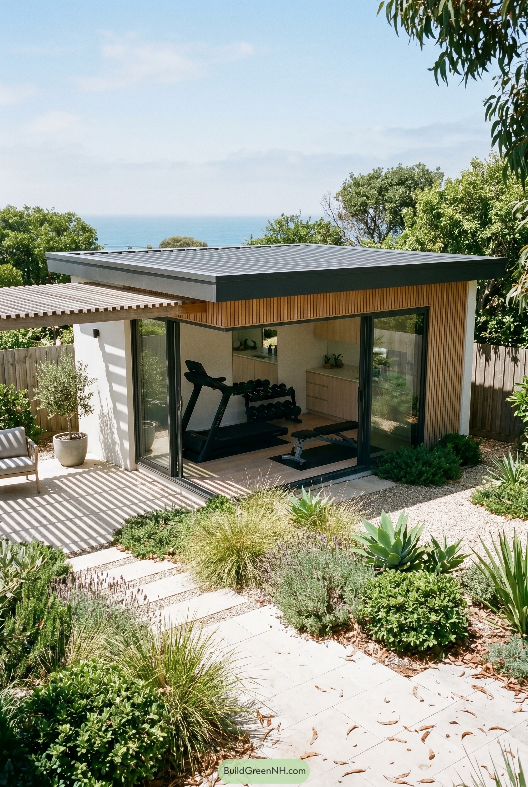 Modern gym shed with pergola and sliders