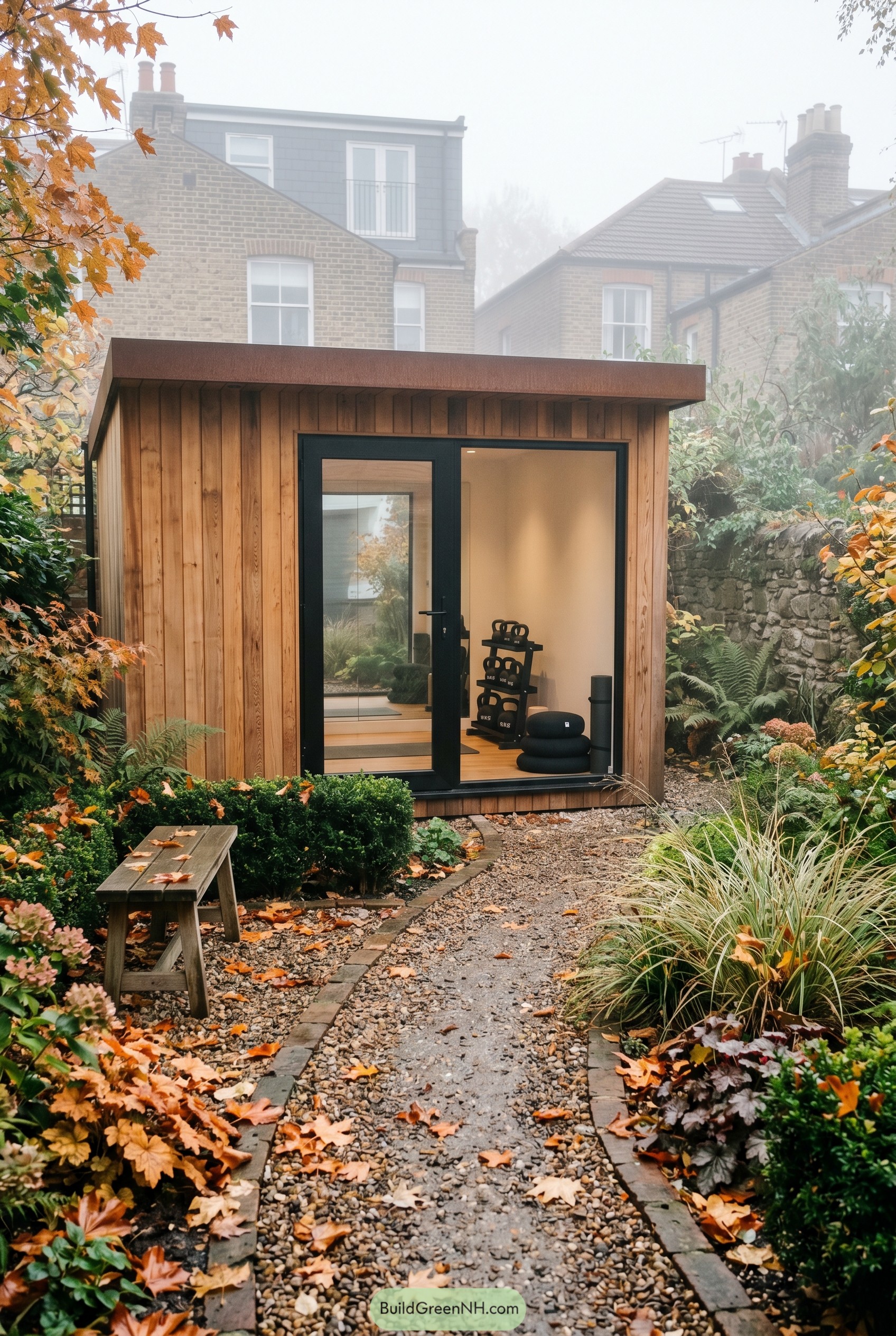 Cedar clad backyard gym shed with glass doors