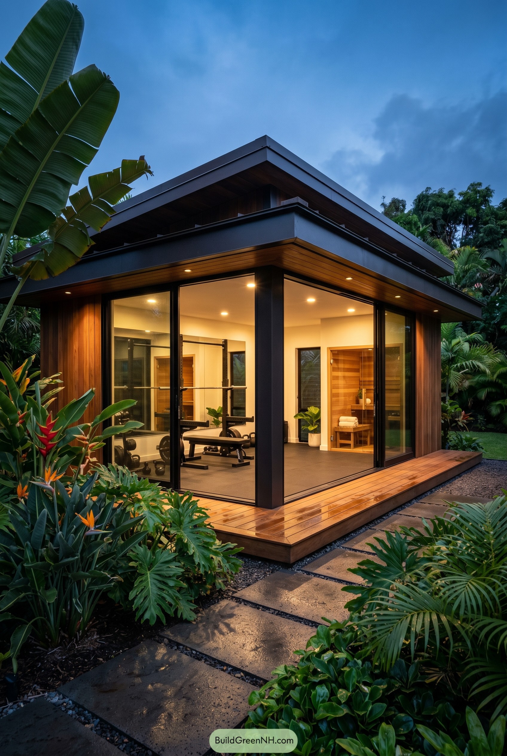 Modern tropical gym shed with sauna