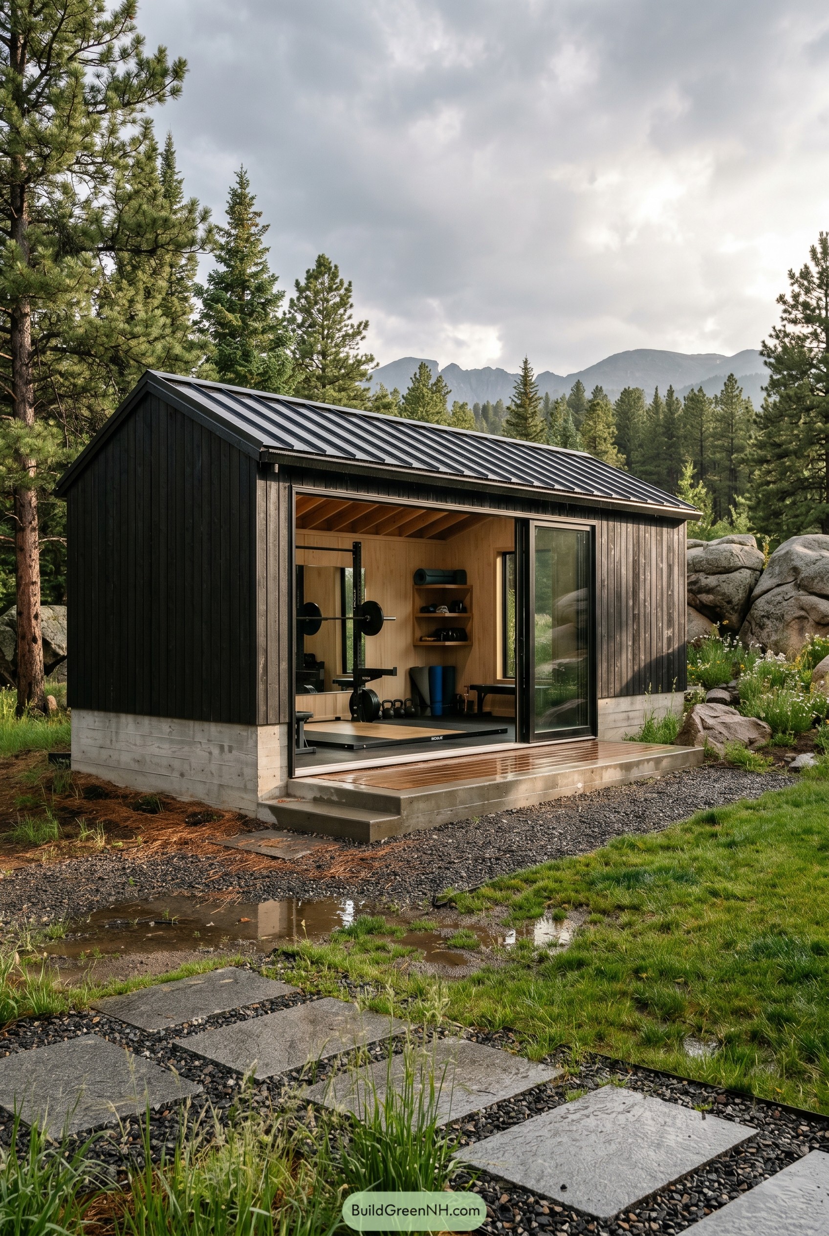 Black timber gym shed in a pine clearing