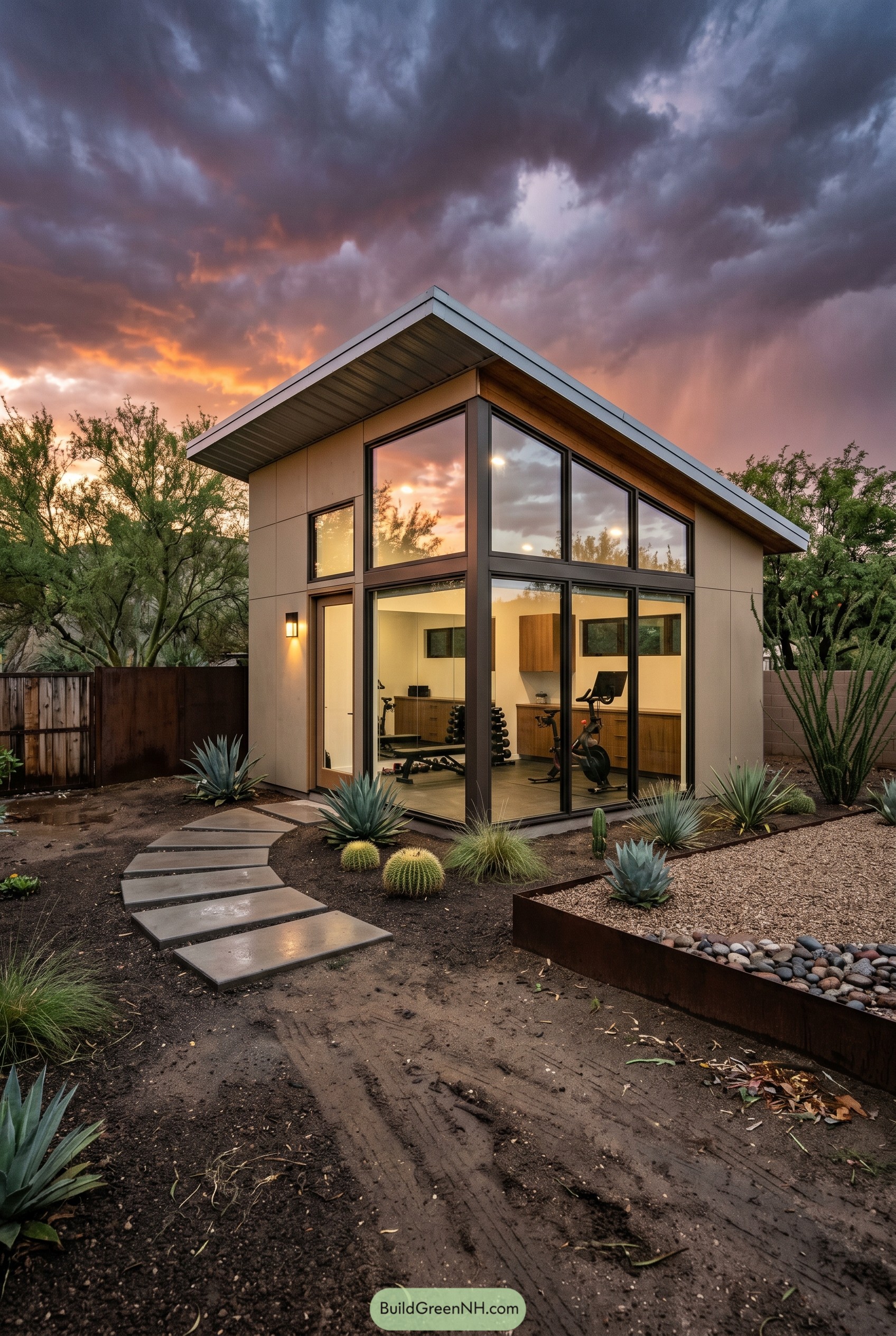 Modern glass corner gym shed in desert yard
