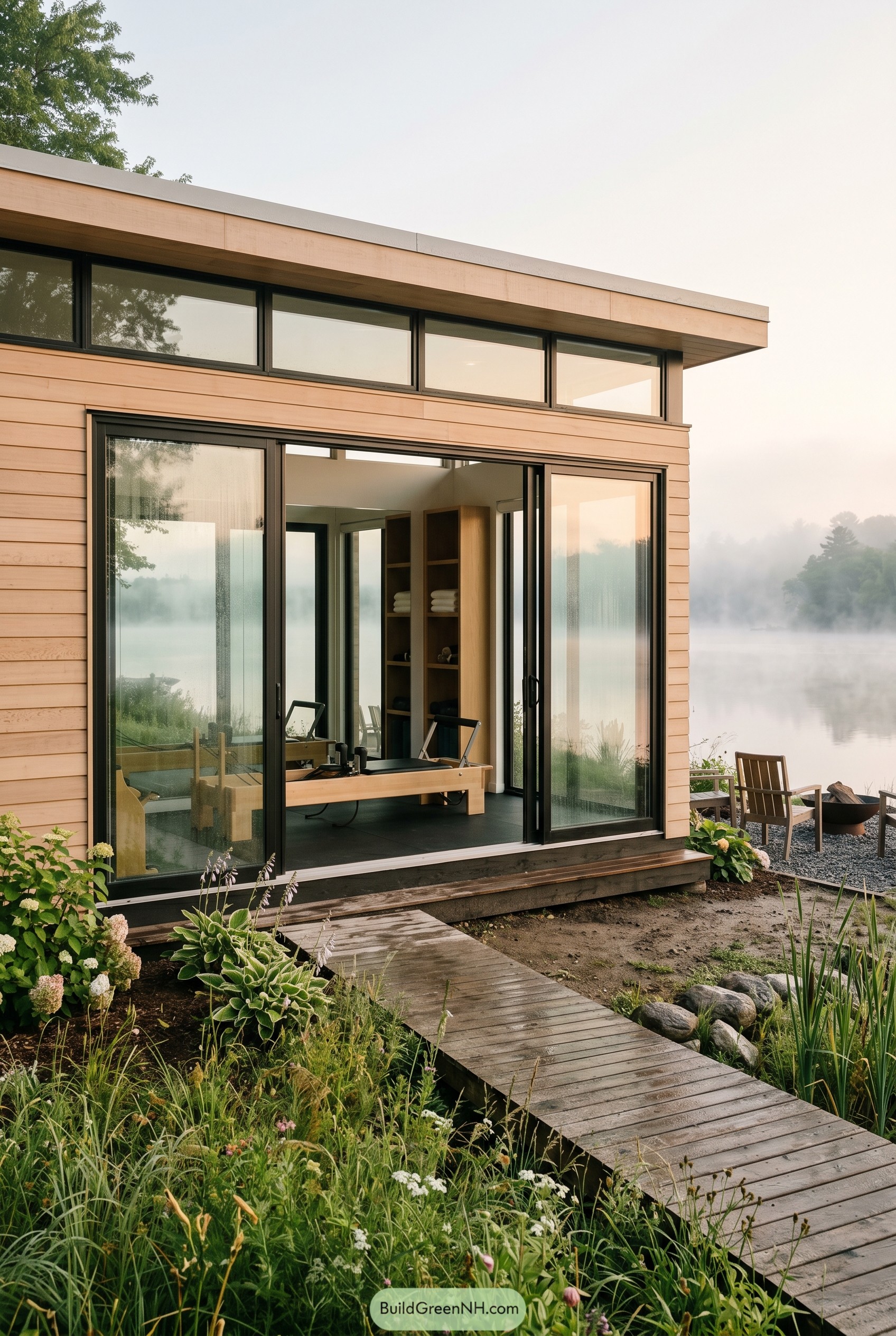 Lakeside cedar gym shed with open glass wall