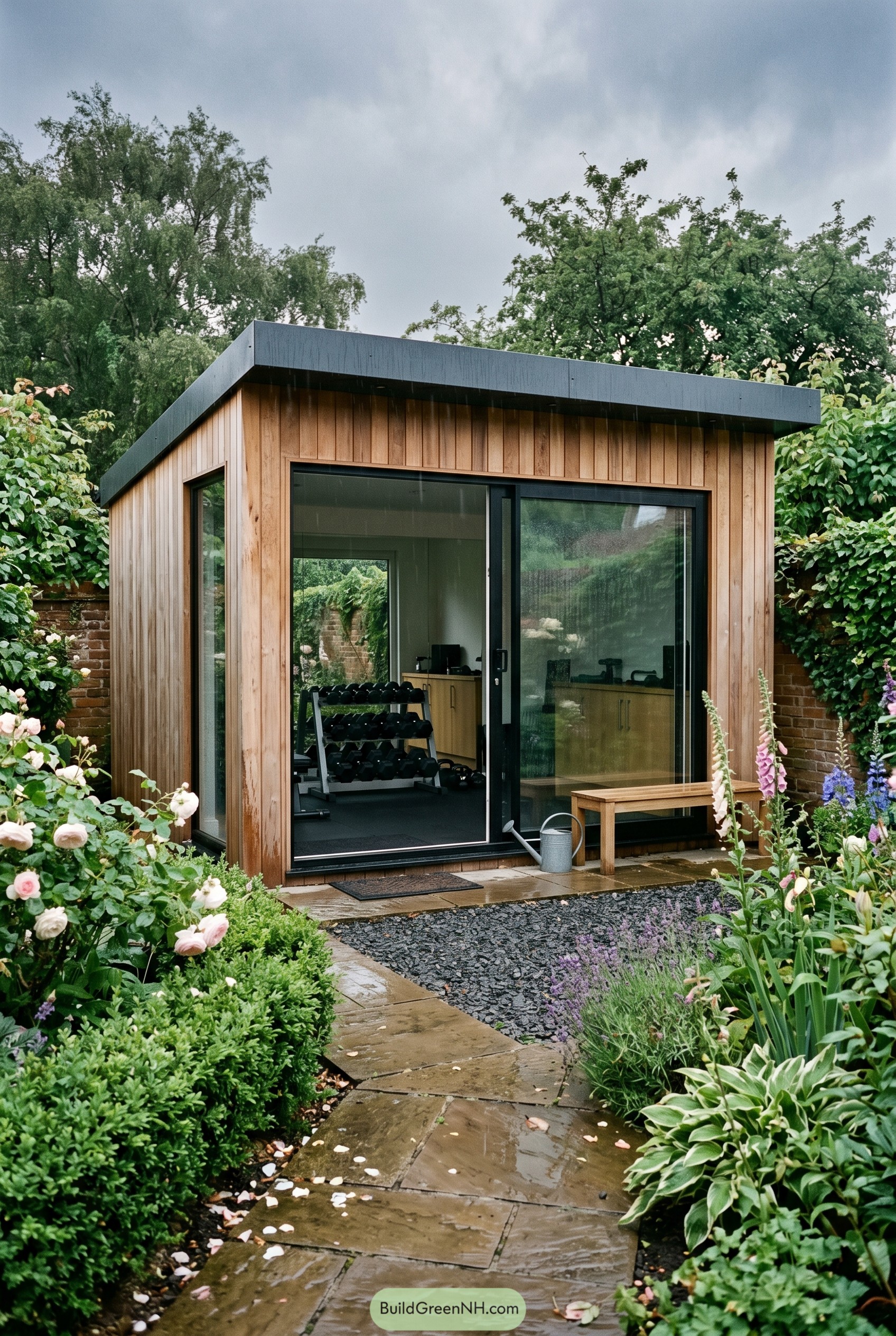 Modern cedar garden gym shed with sliding glass doors