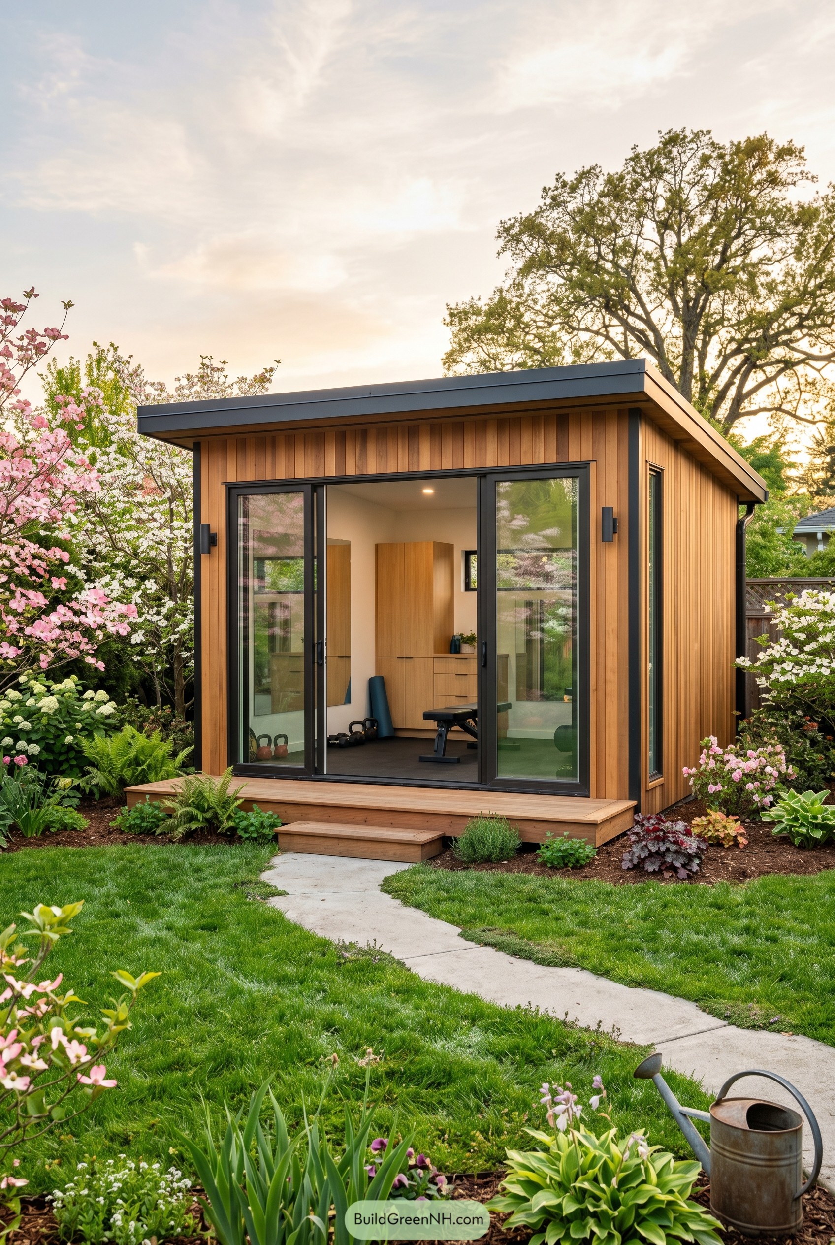 Modern cedar backyard gym shed with sliding glass doors