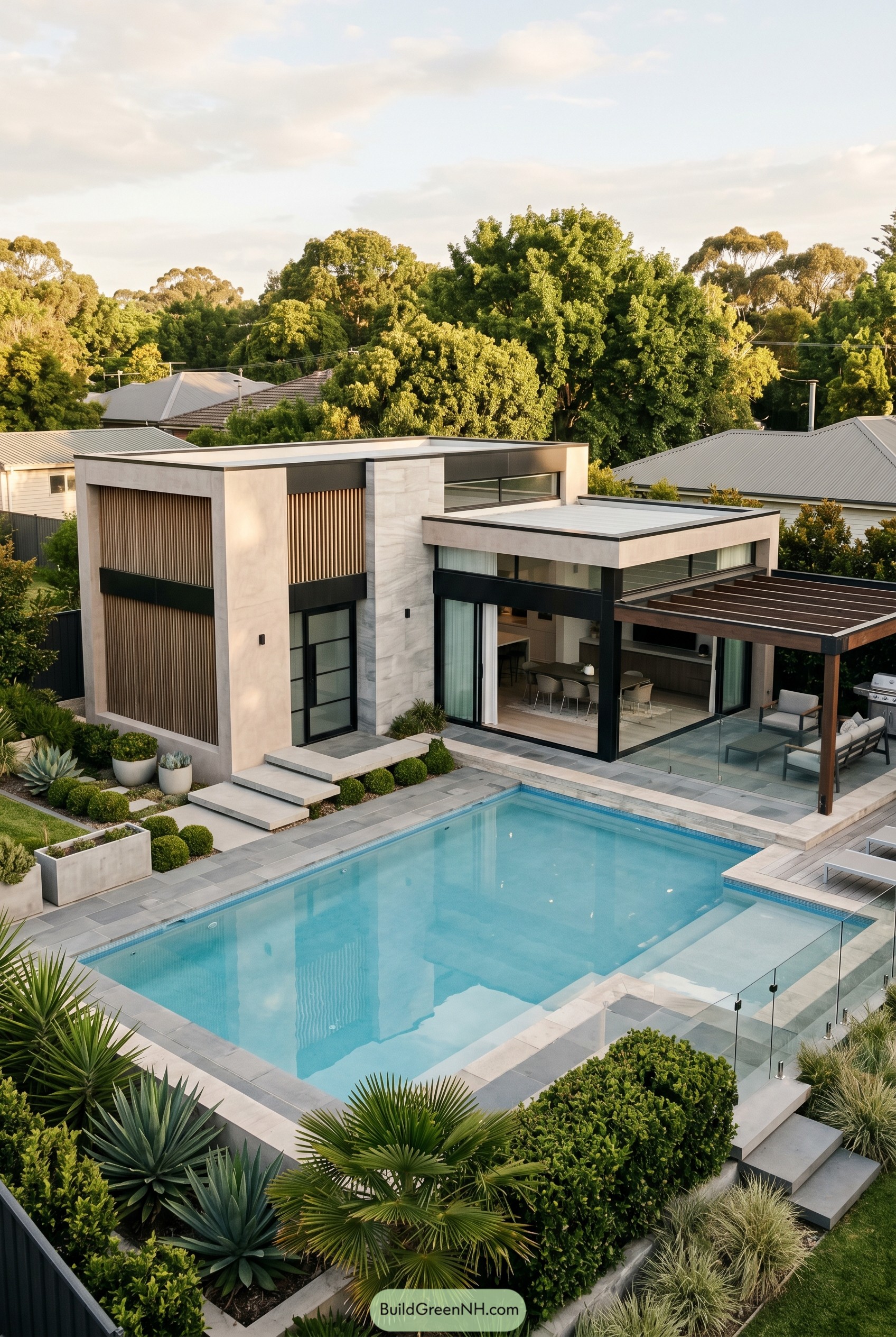 Modern pool house with timber slats and pergola by a rectangular pool