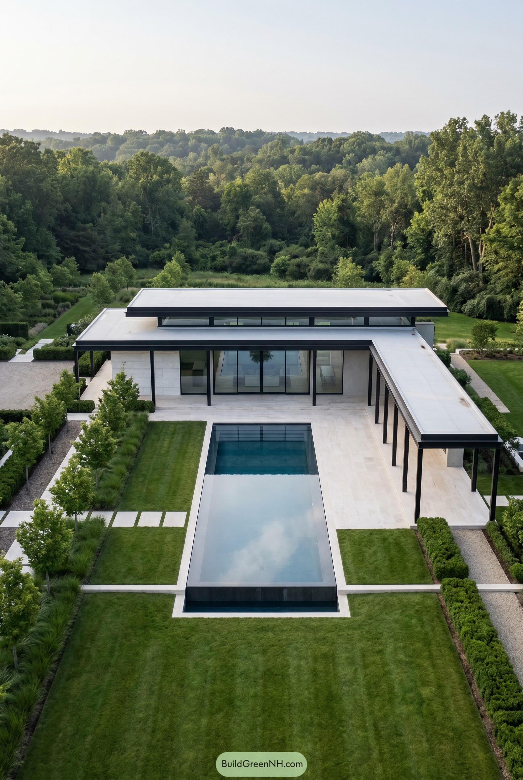 Modern flat roof pool house beside lap pool
