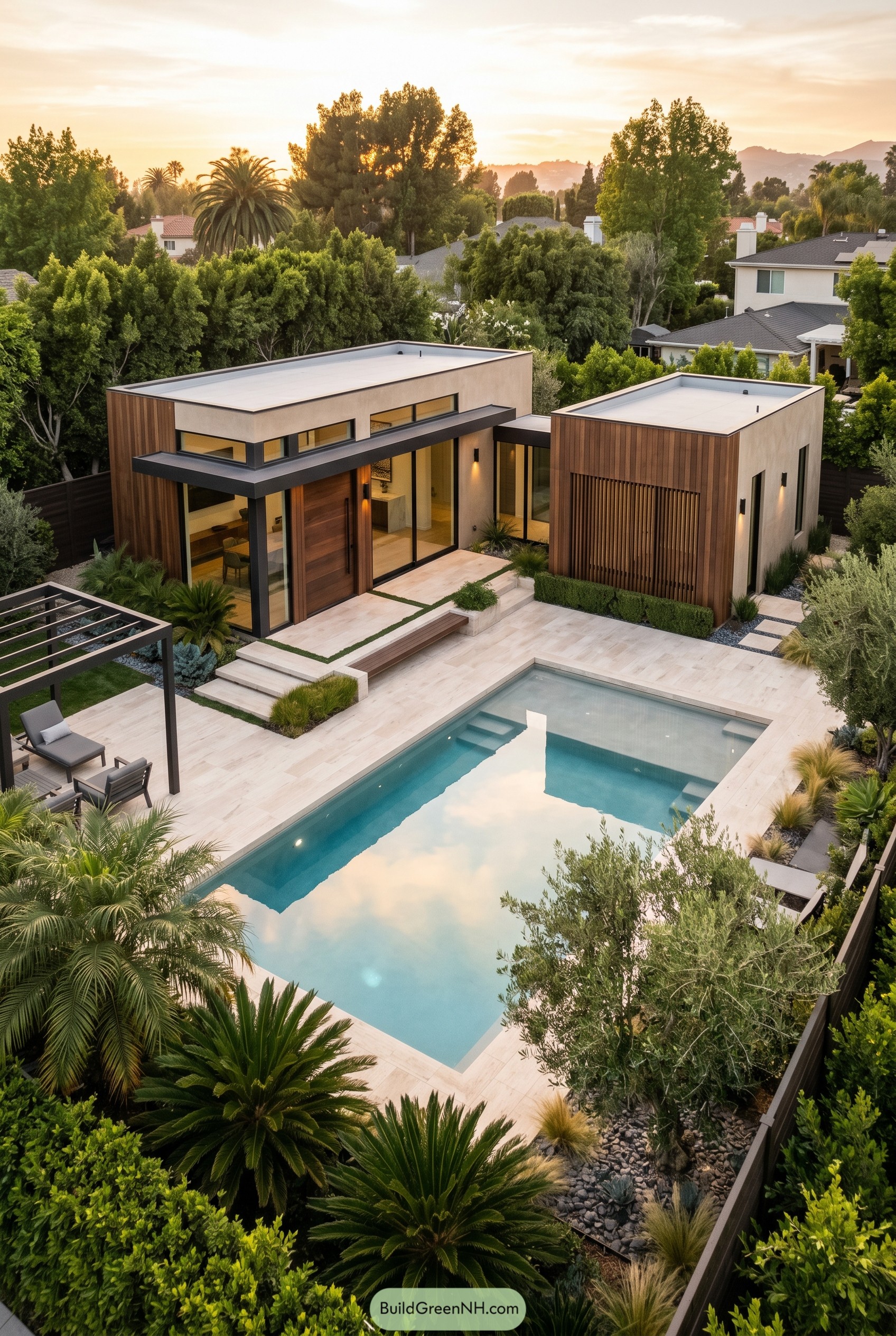 Modern twin volume pool house beside rectangular pool