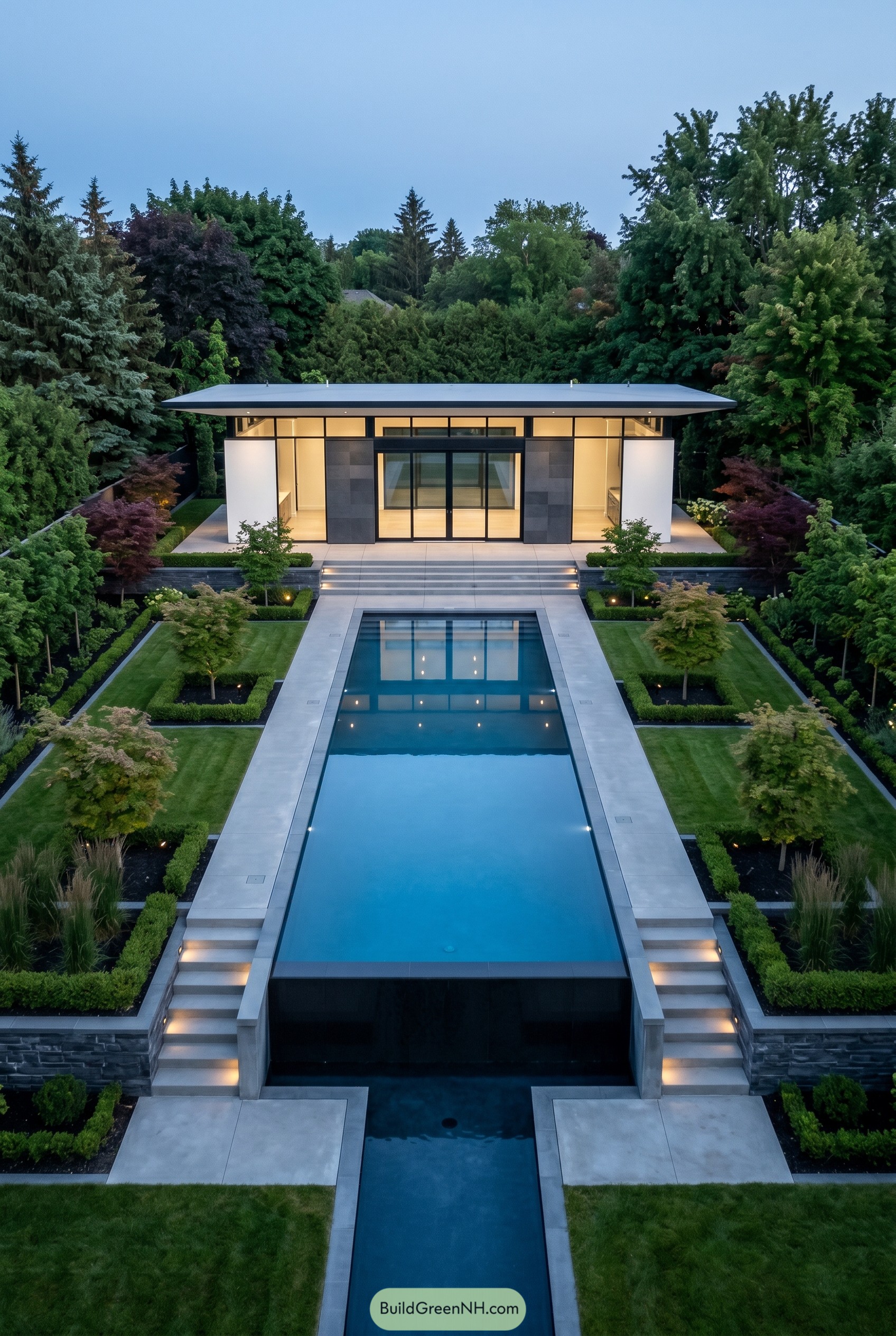 Modern pool house with formal reflecting pool