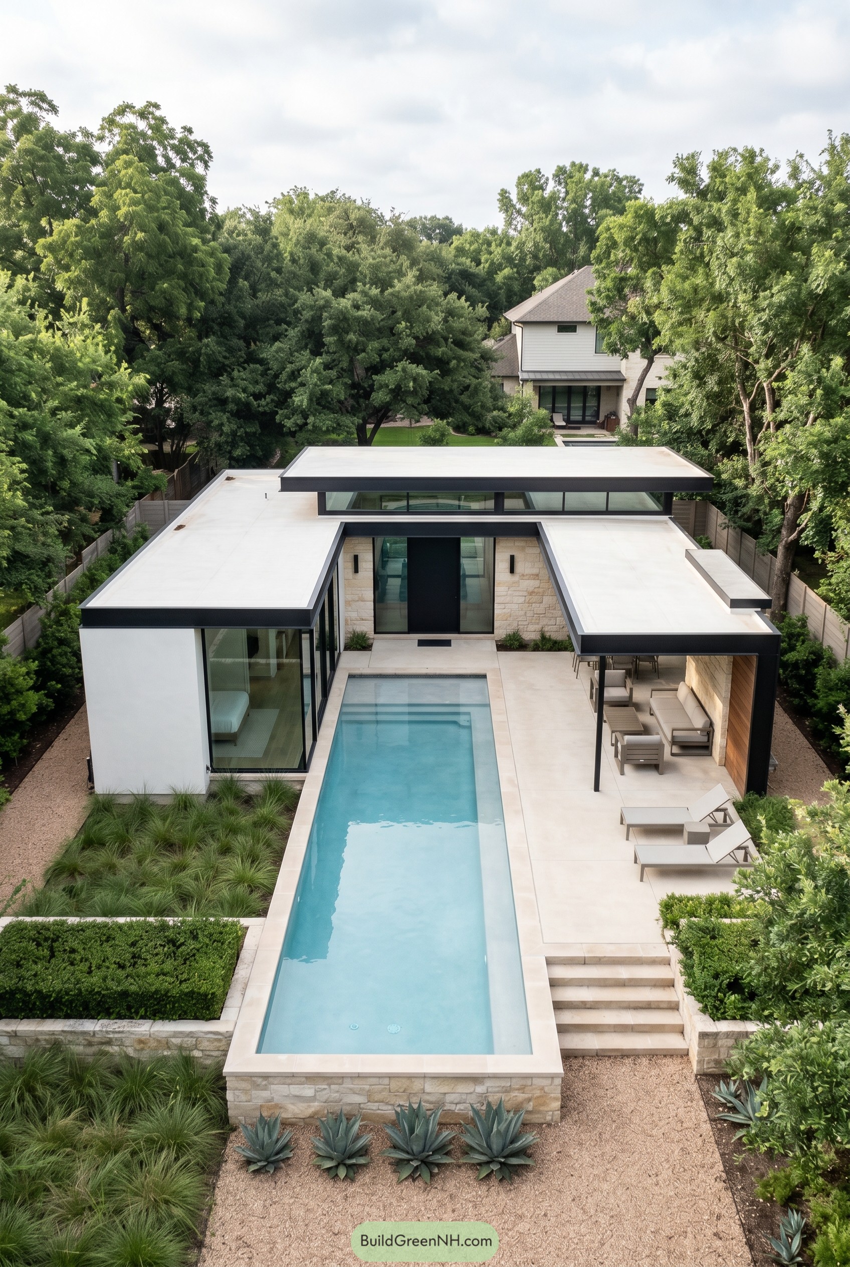 Modern pool house with long lap pool