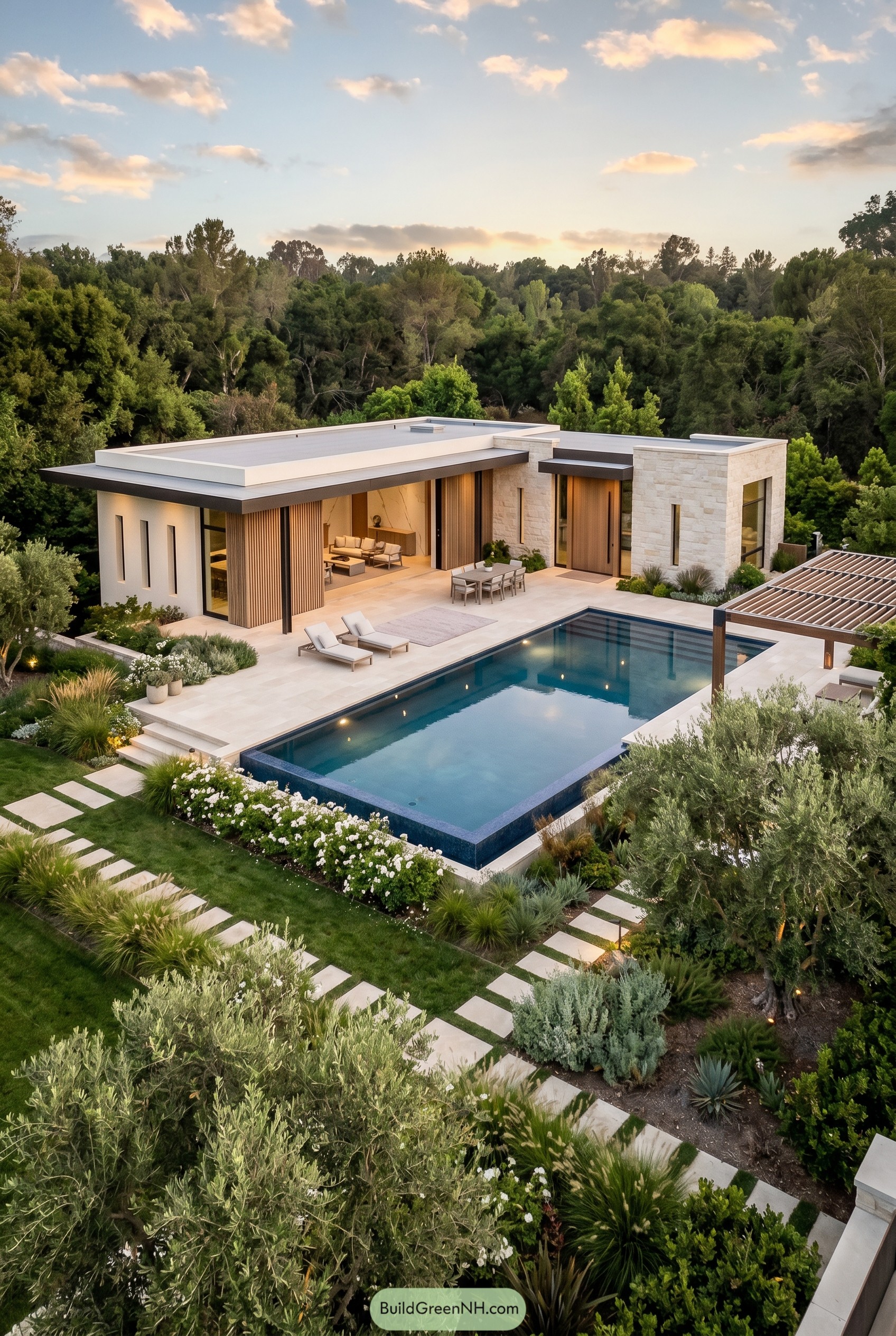Modern limestone pool house beside a rectangular pool