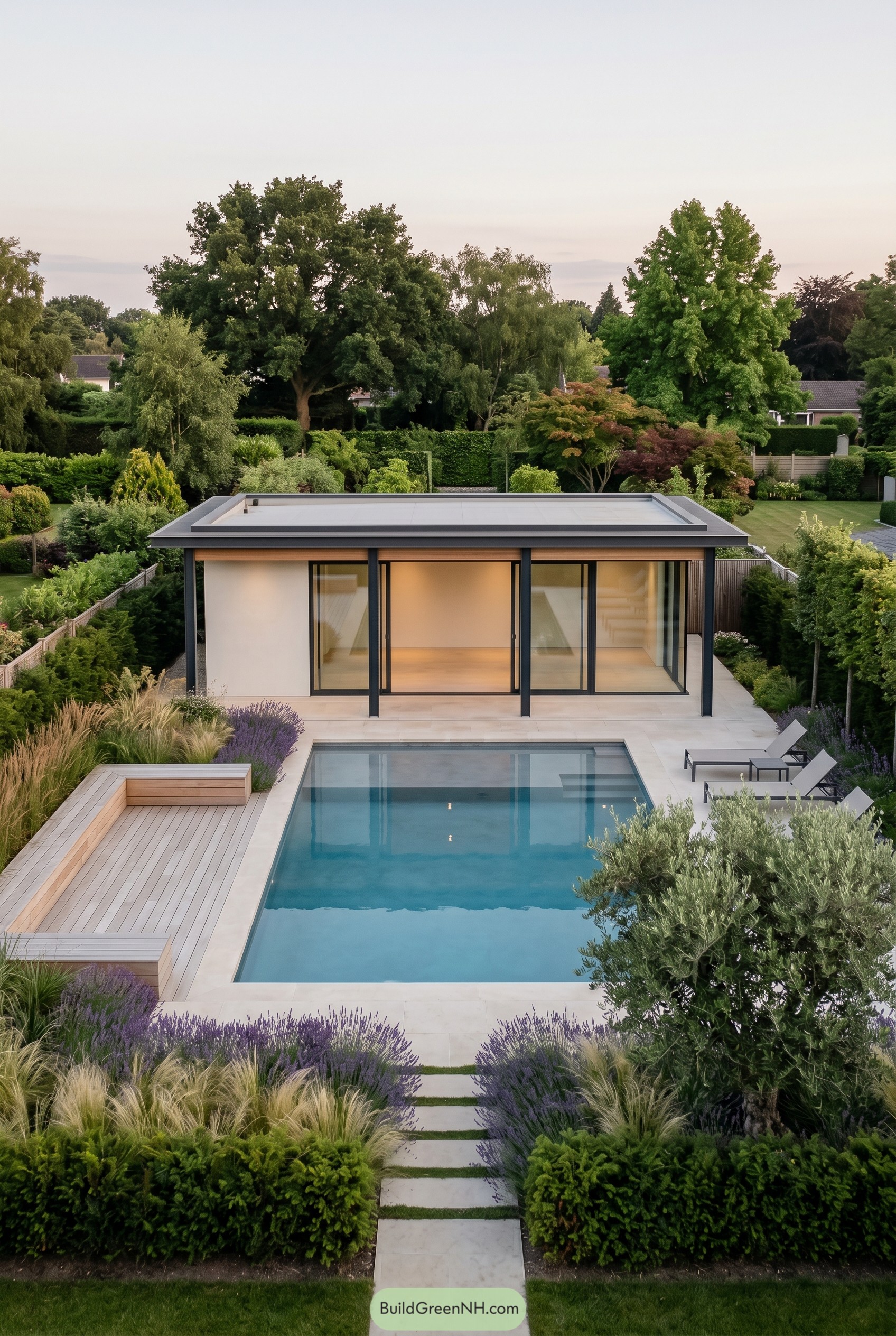 Modern flat roof pool house beside a rectangular pool