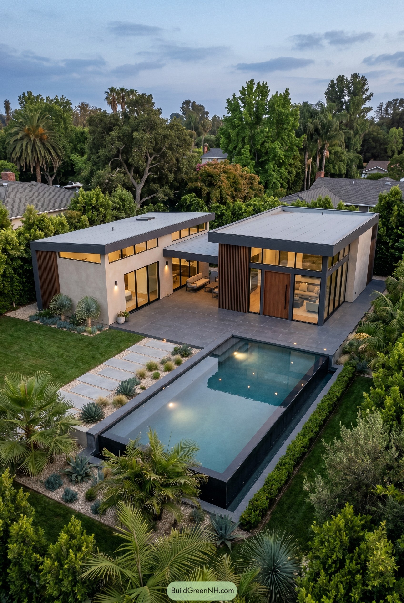 Modern pool house with long infinity pool