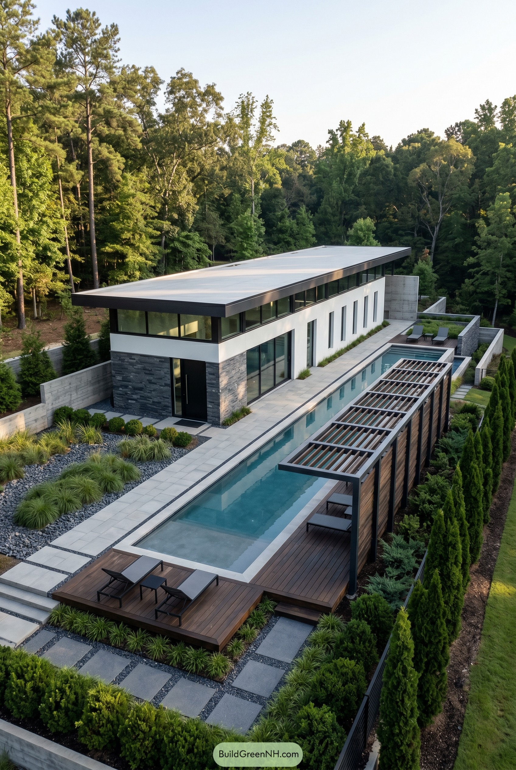 Long modern pool house with lap pool