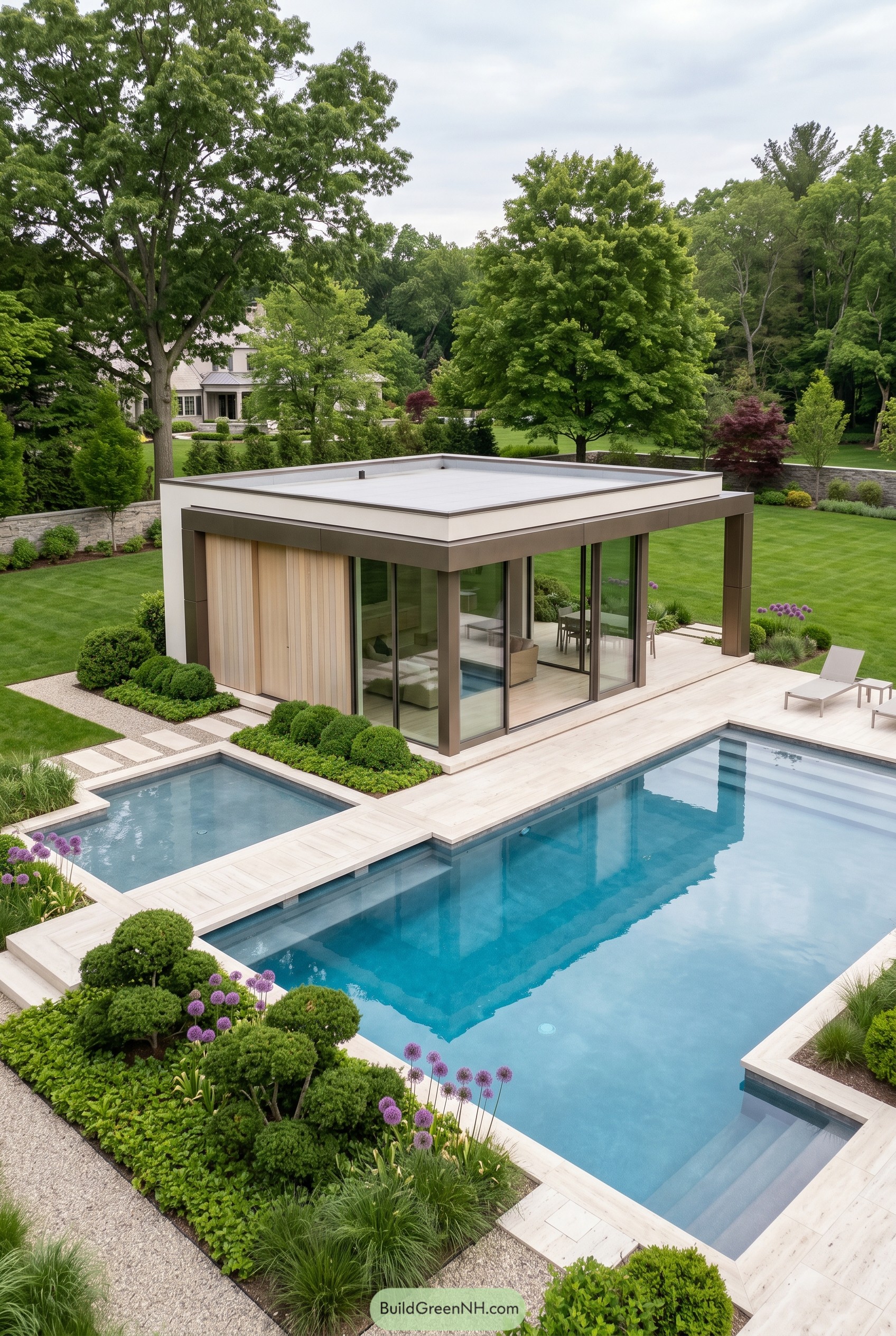 Modern flat roof pool house beside geometric pool