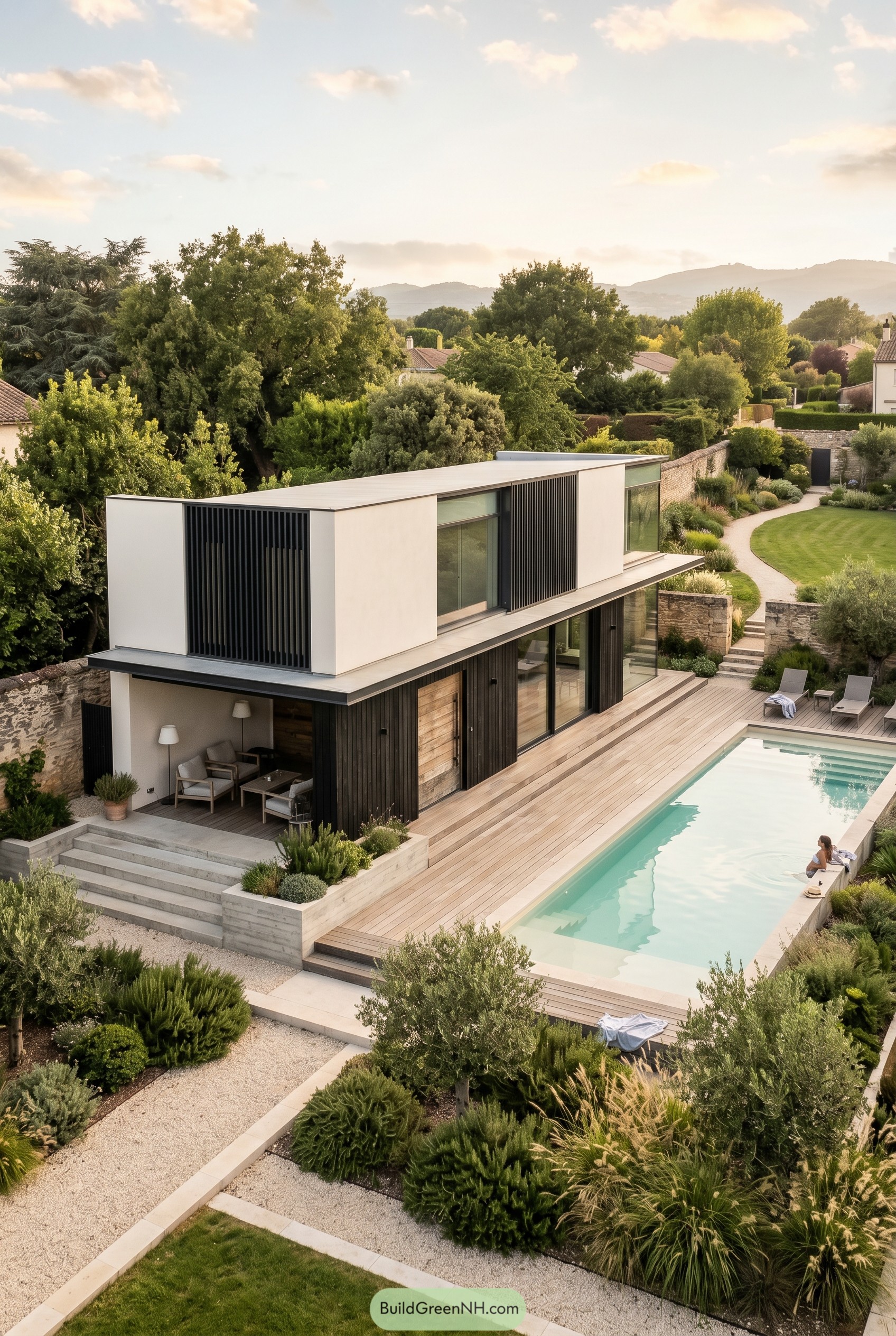 Modern two story pool house beside a lap pool