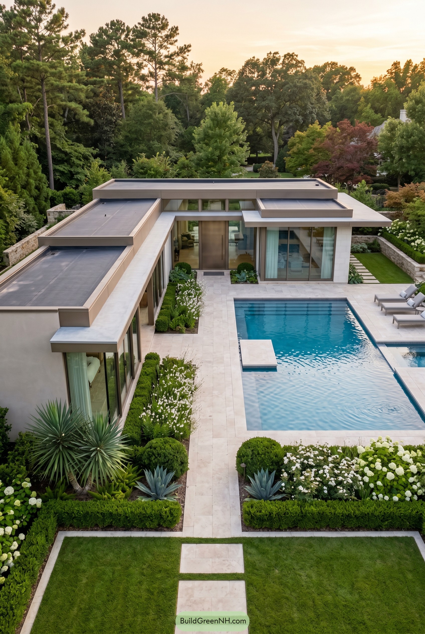 Modern flat roof pool house with courtyard pool