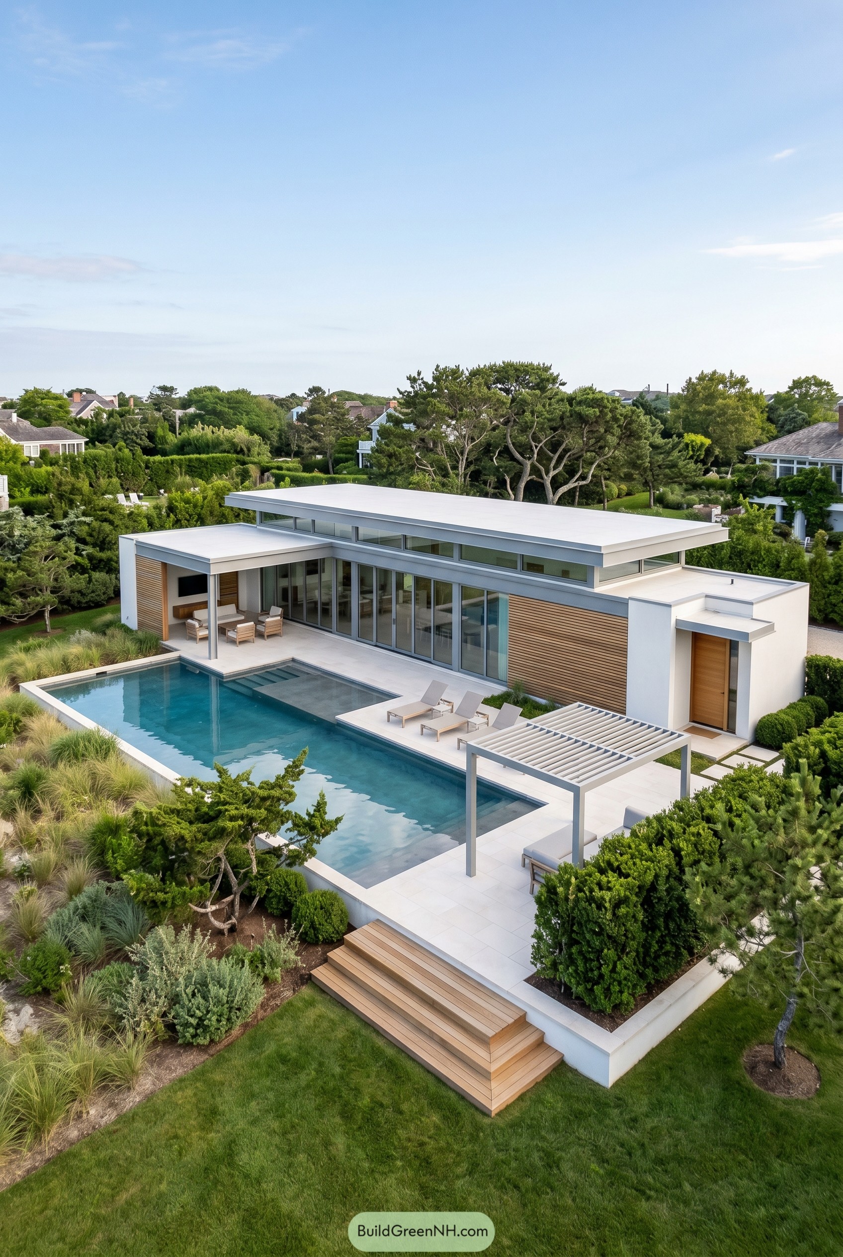 Modern white pool house beside geometric pool