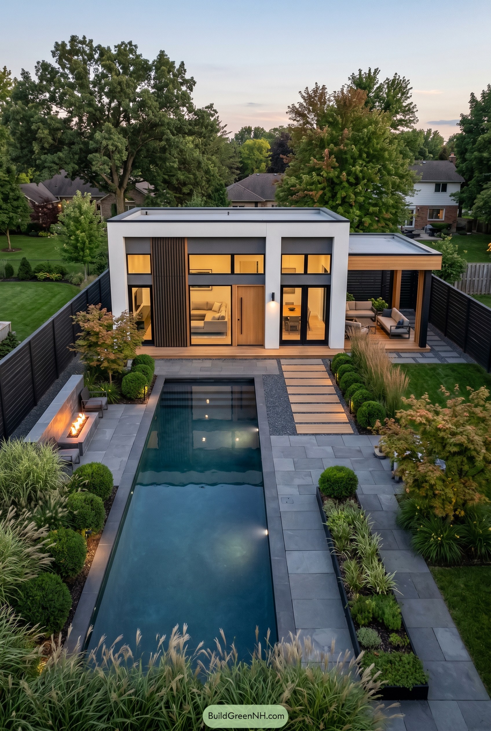 Modern flat roof pool house beside lap pool