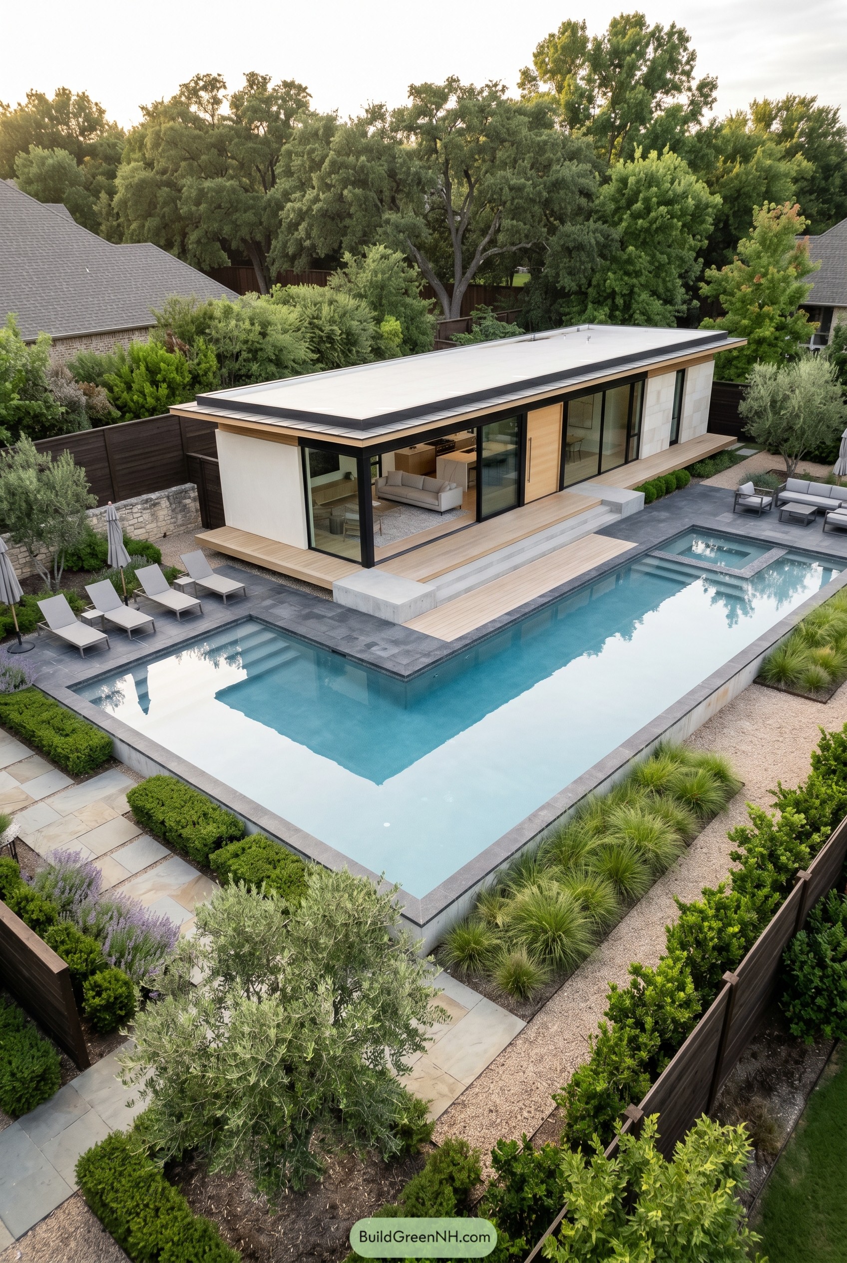 Modern pool house beside geometric lap pool