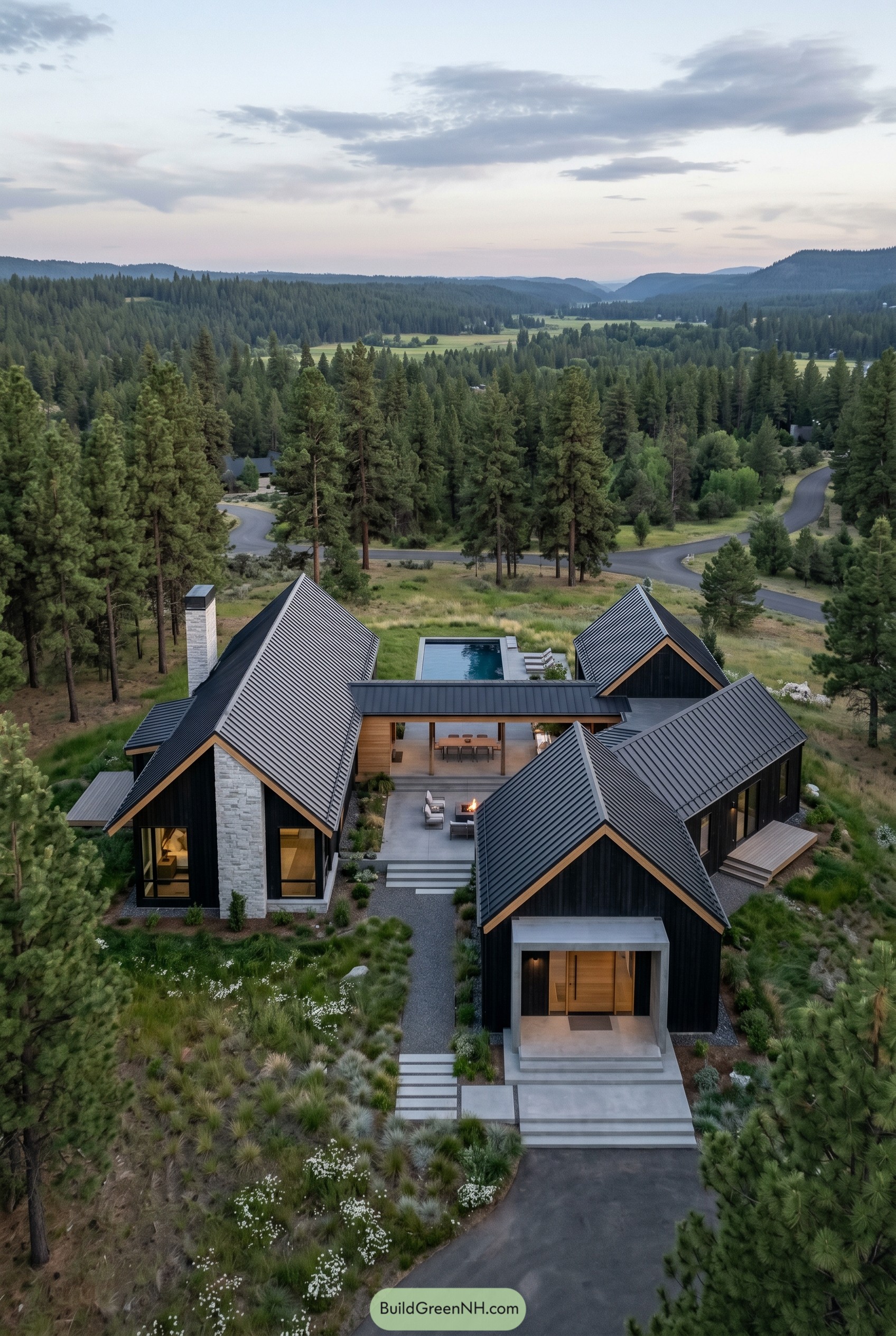 Modern black gabled house with courtyard pool in a pine valley