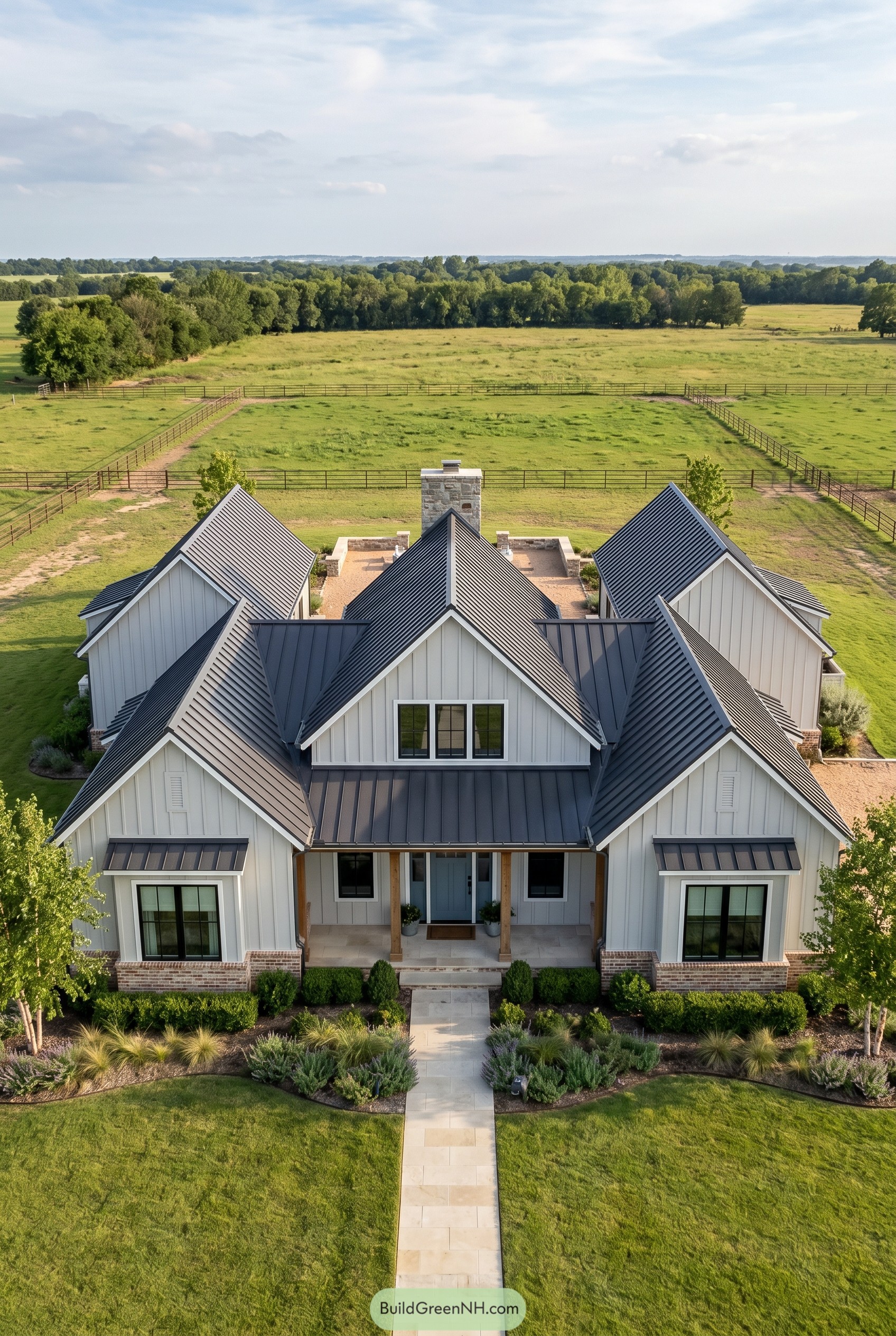 White modern country house with black gabled roof in open fields