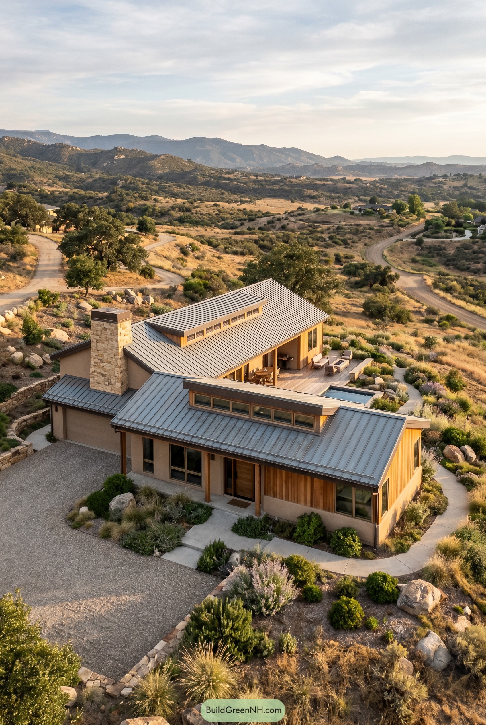 One story modern home on a dry hillside