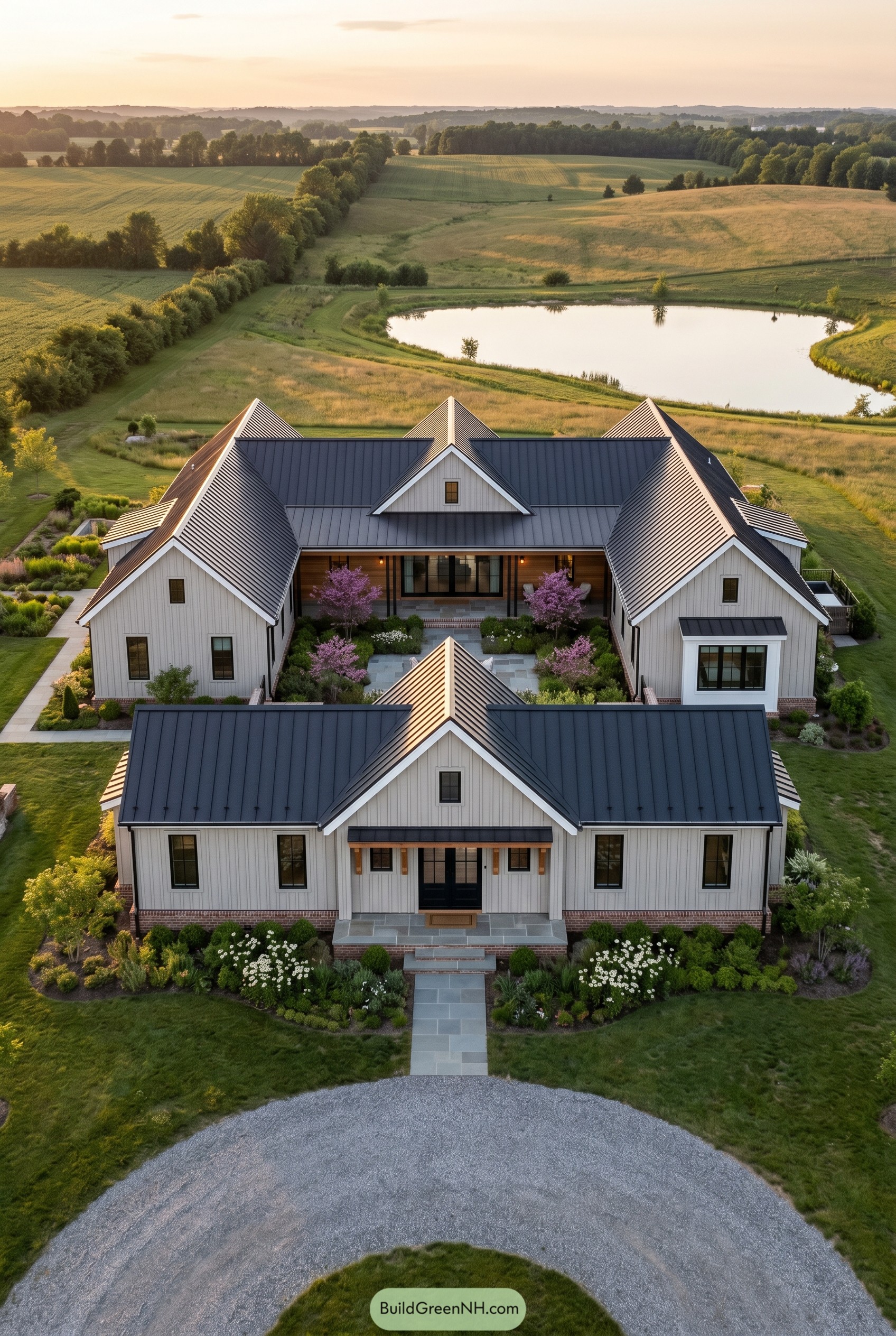 One story white courtyard farmhouse by a pond