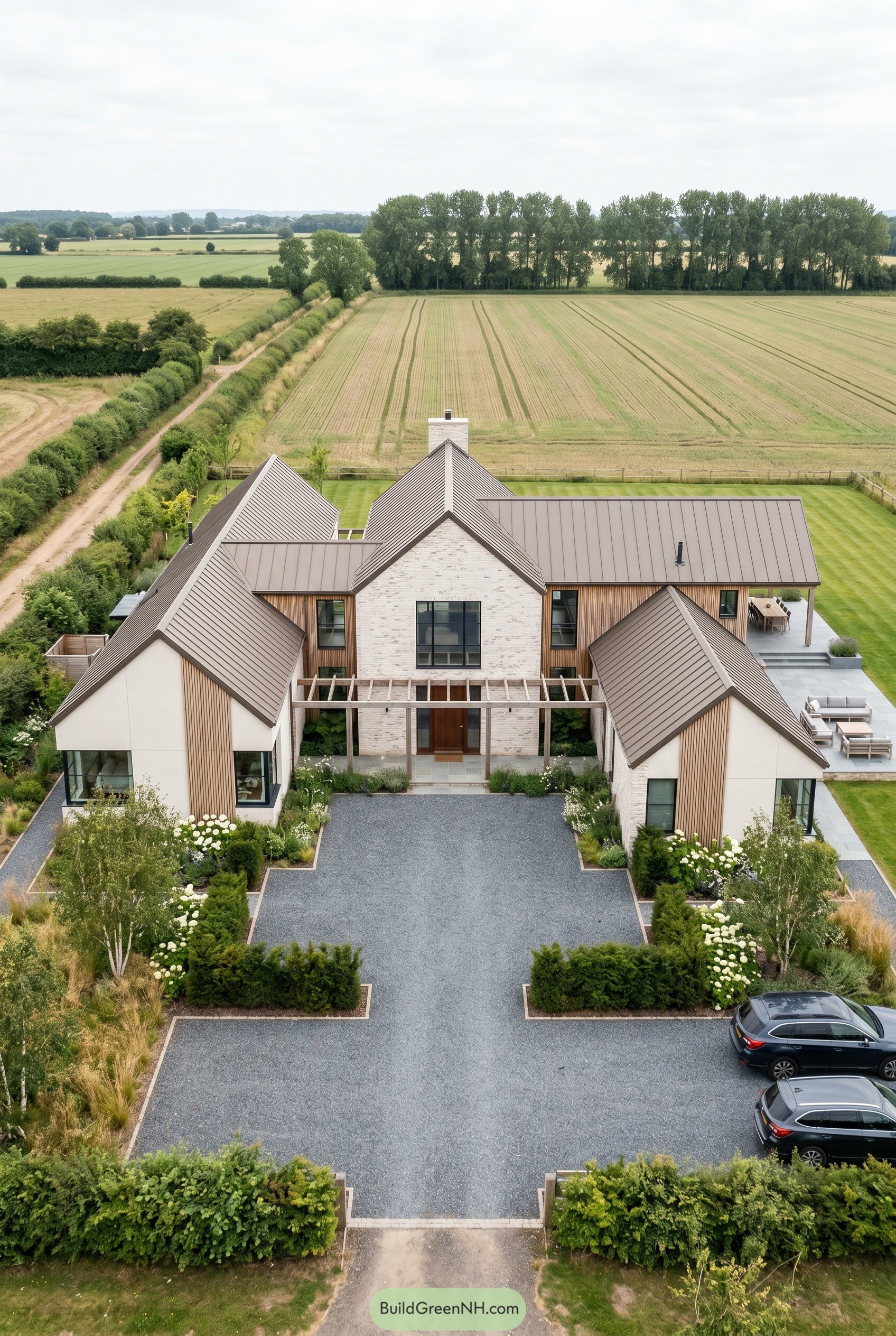 Aerial view of modern country house with gabled wings and gravel courtyard