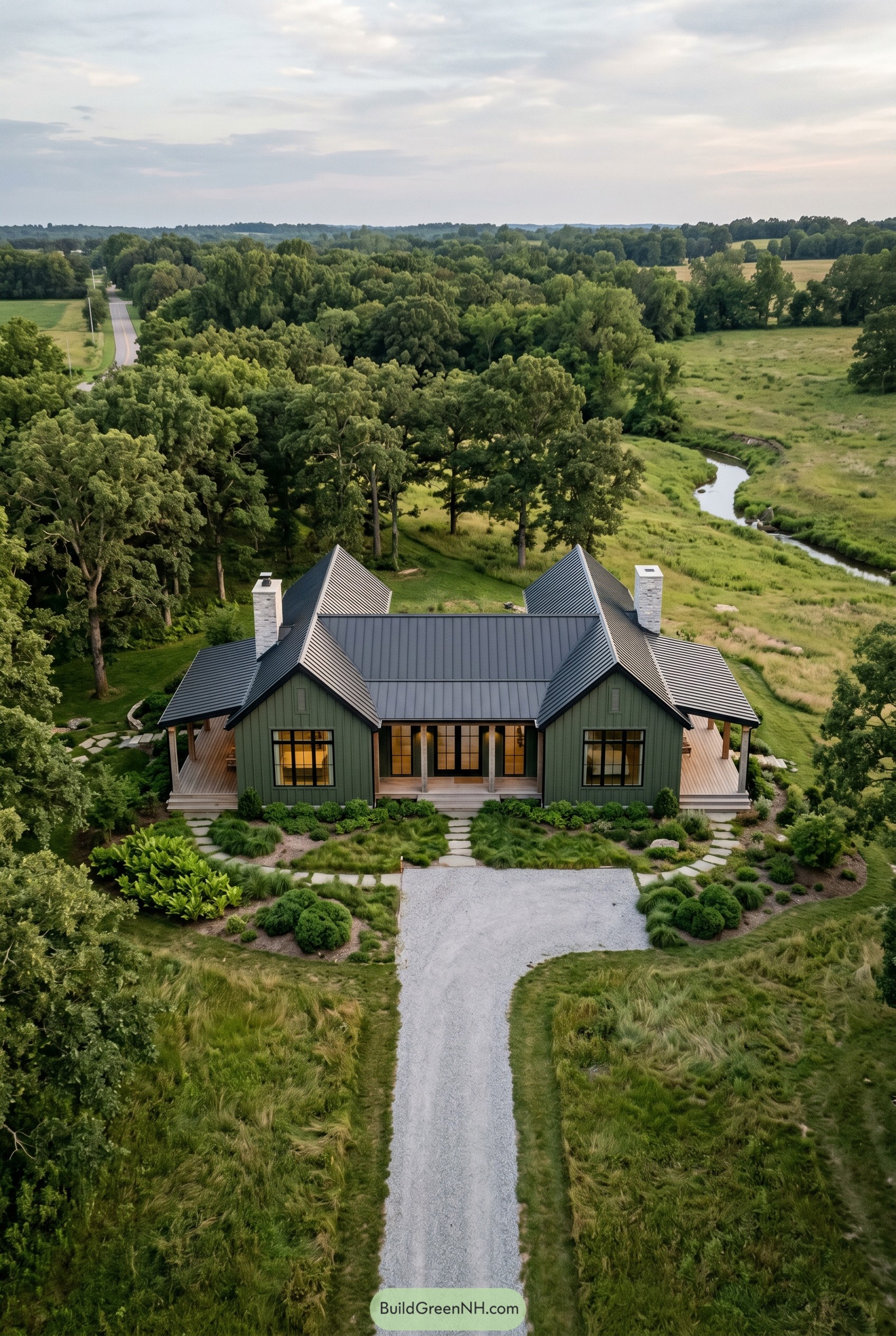 Green one story country house with dark gables