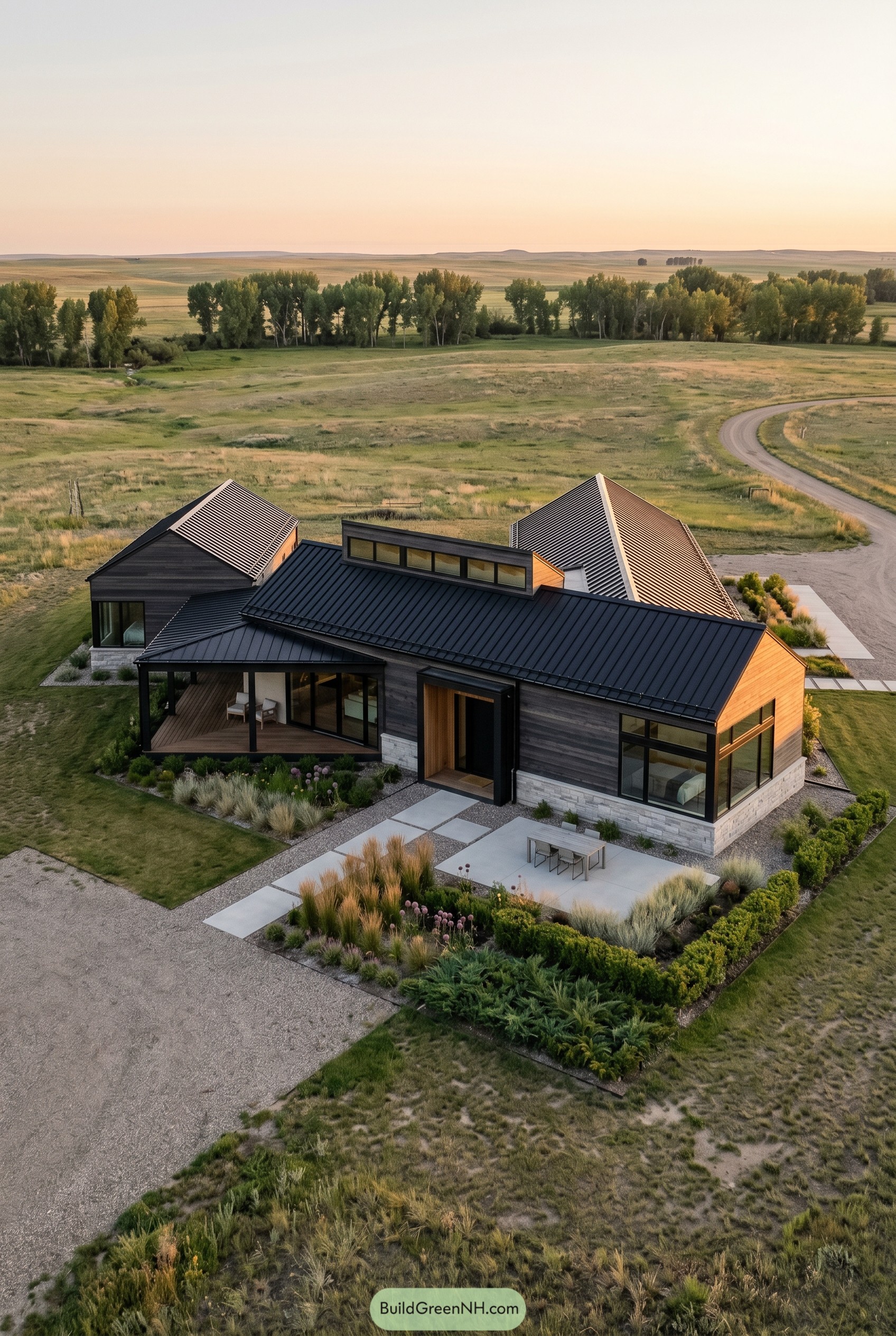 Modern country house with black metal roof