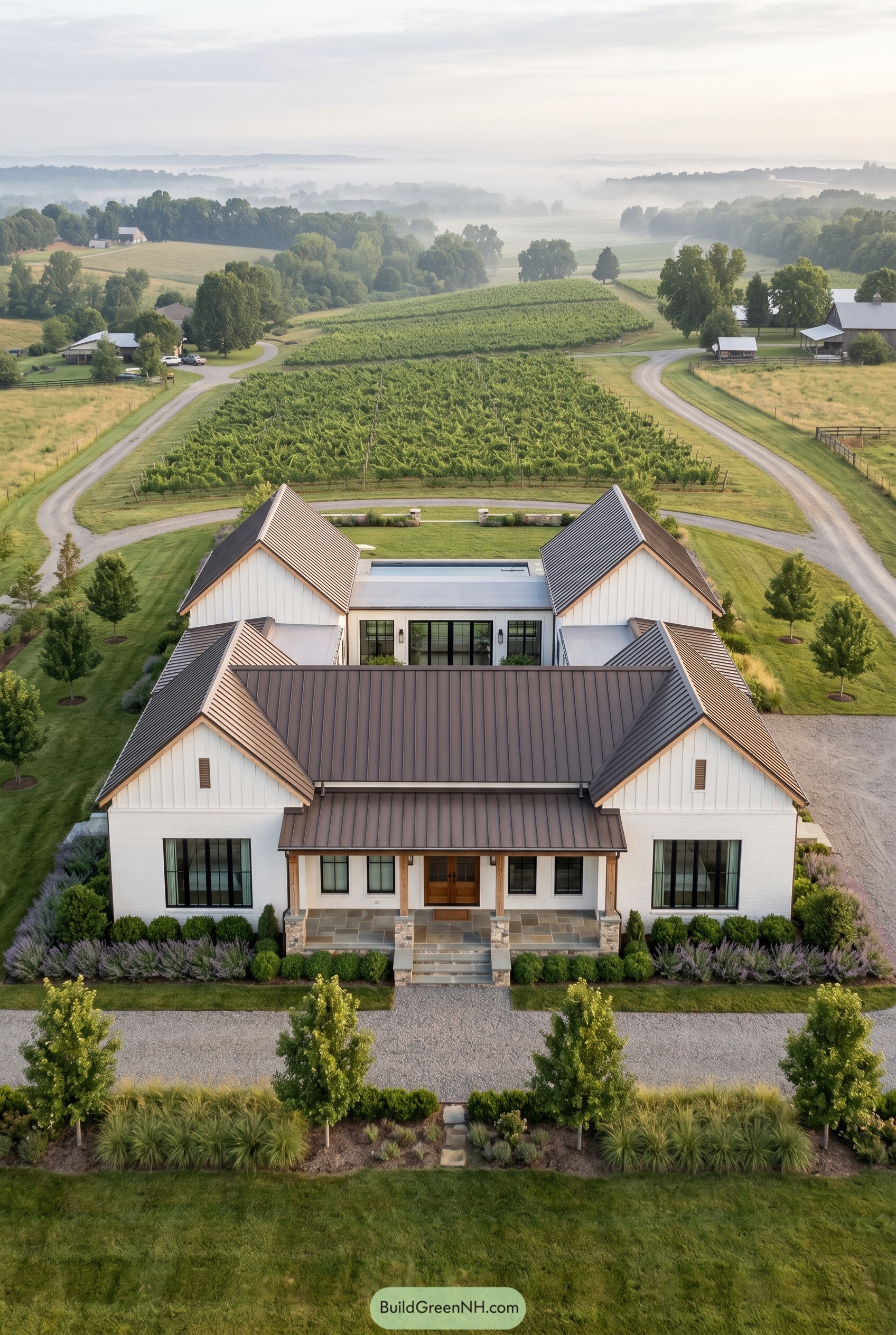 White modern farmhouse overlooking vineyard