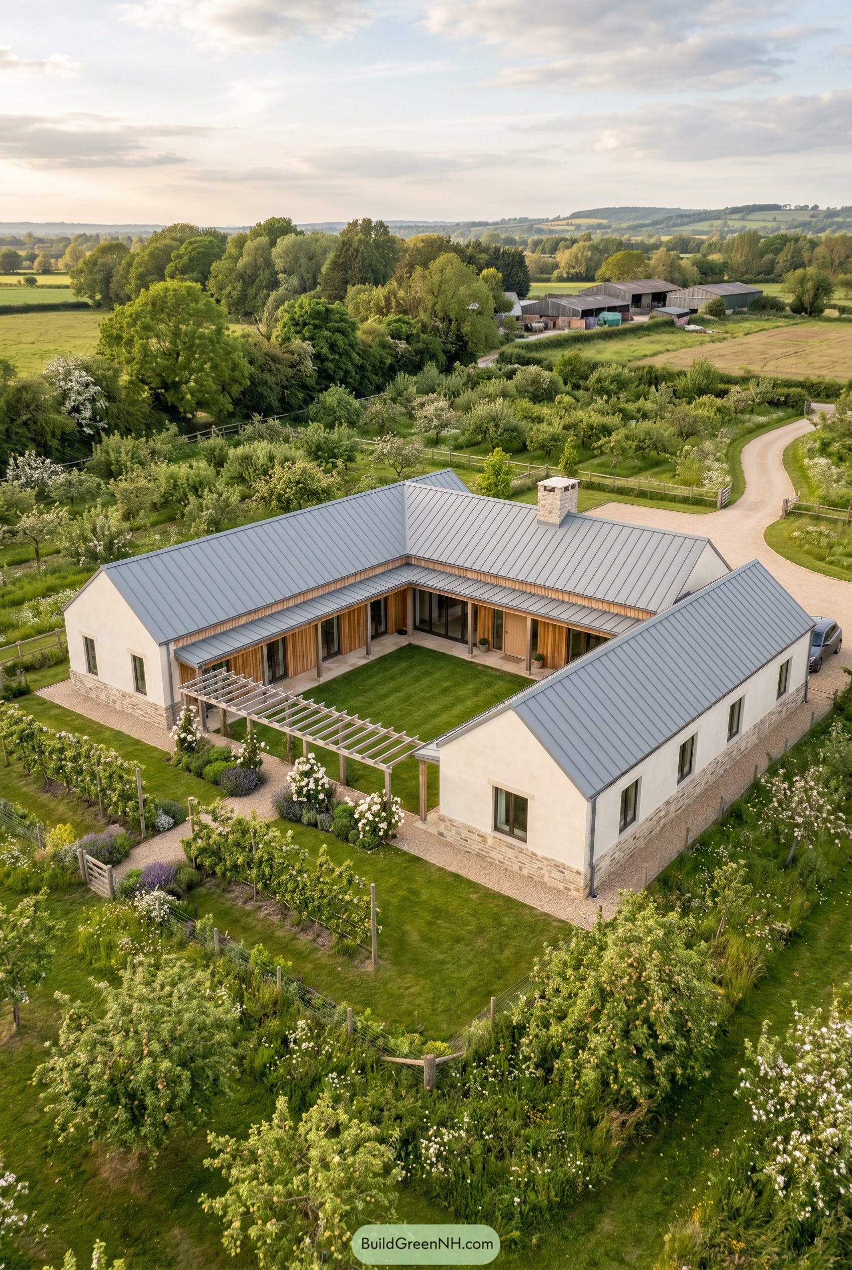 One story courtyard home with metal roof