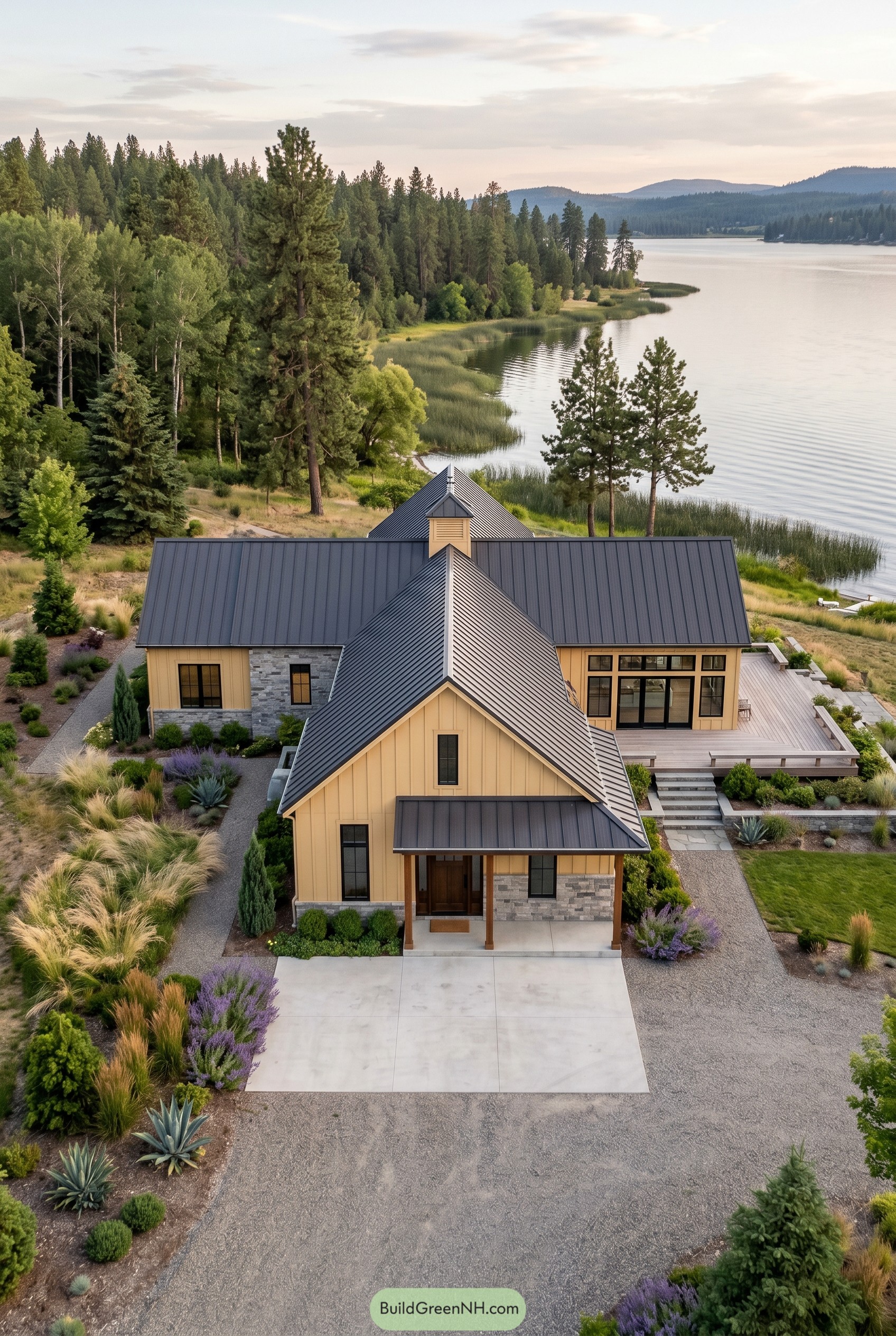 Modern country house beside a forest lake