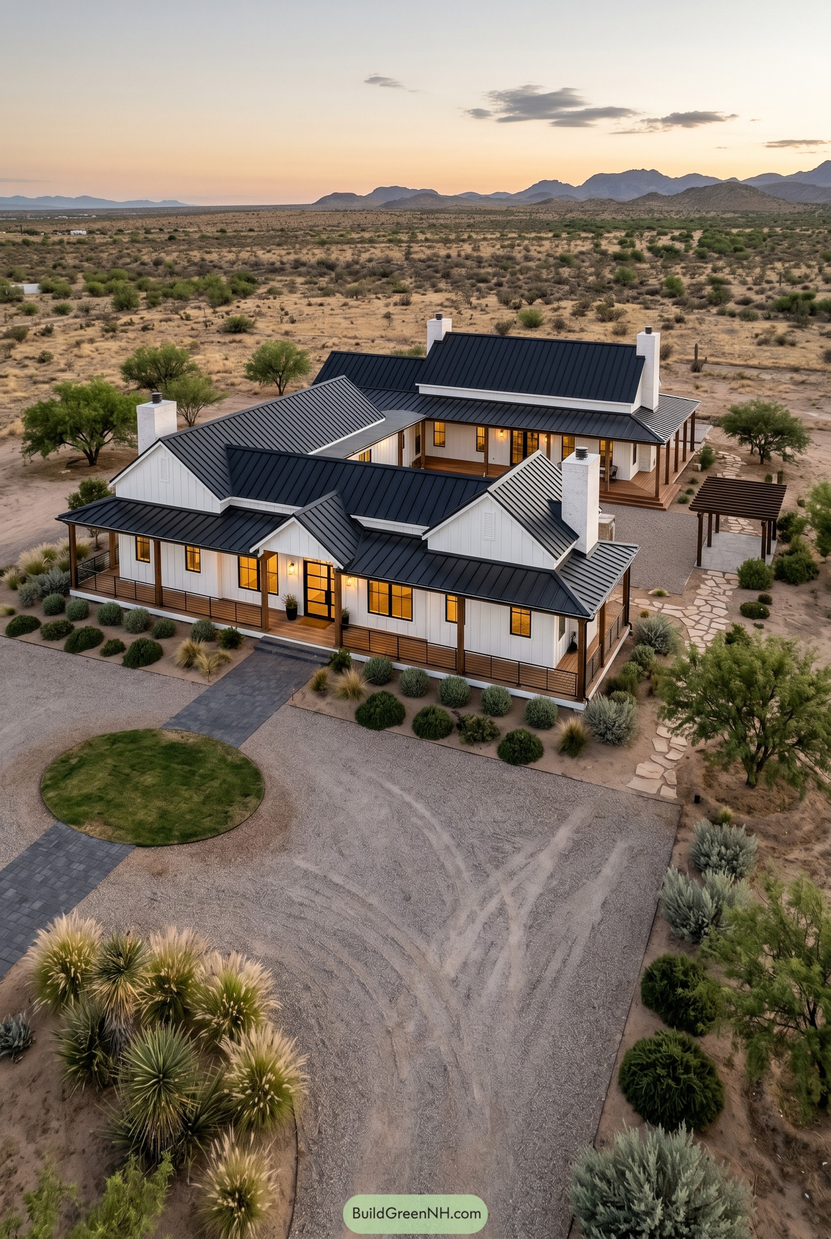 White one story farmhouse with black roof in desert