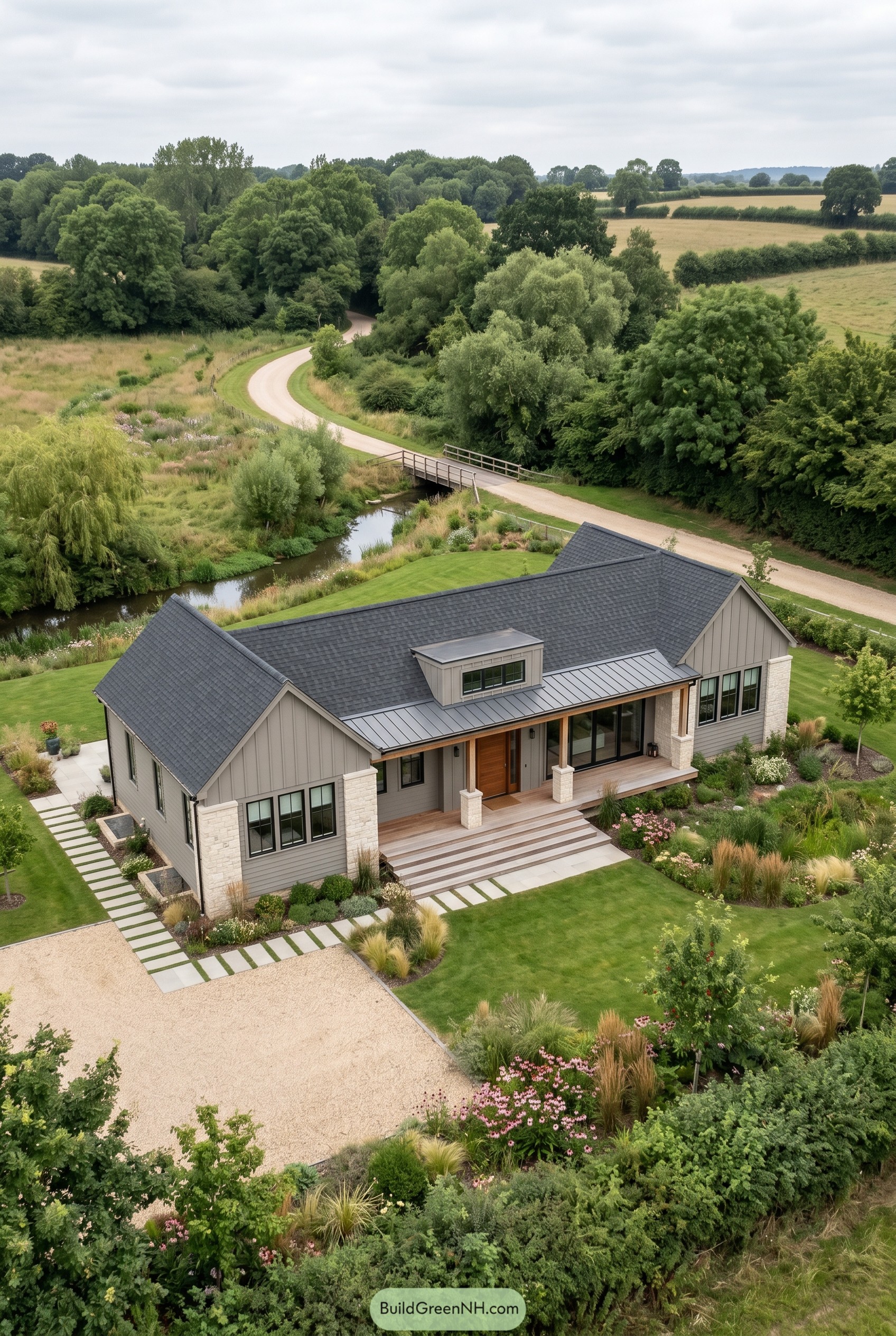 One story modern country home with gabled roof by a creek