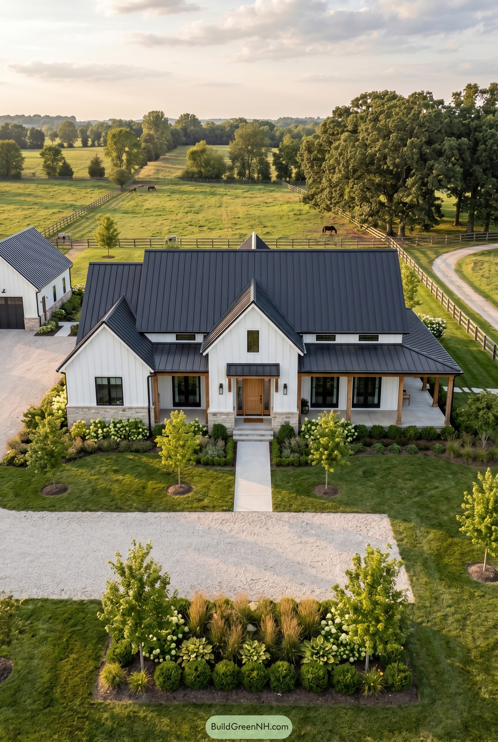 White country house with black metal roof