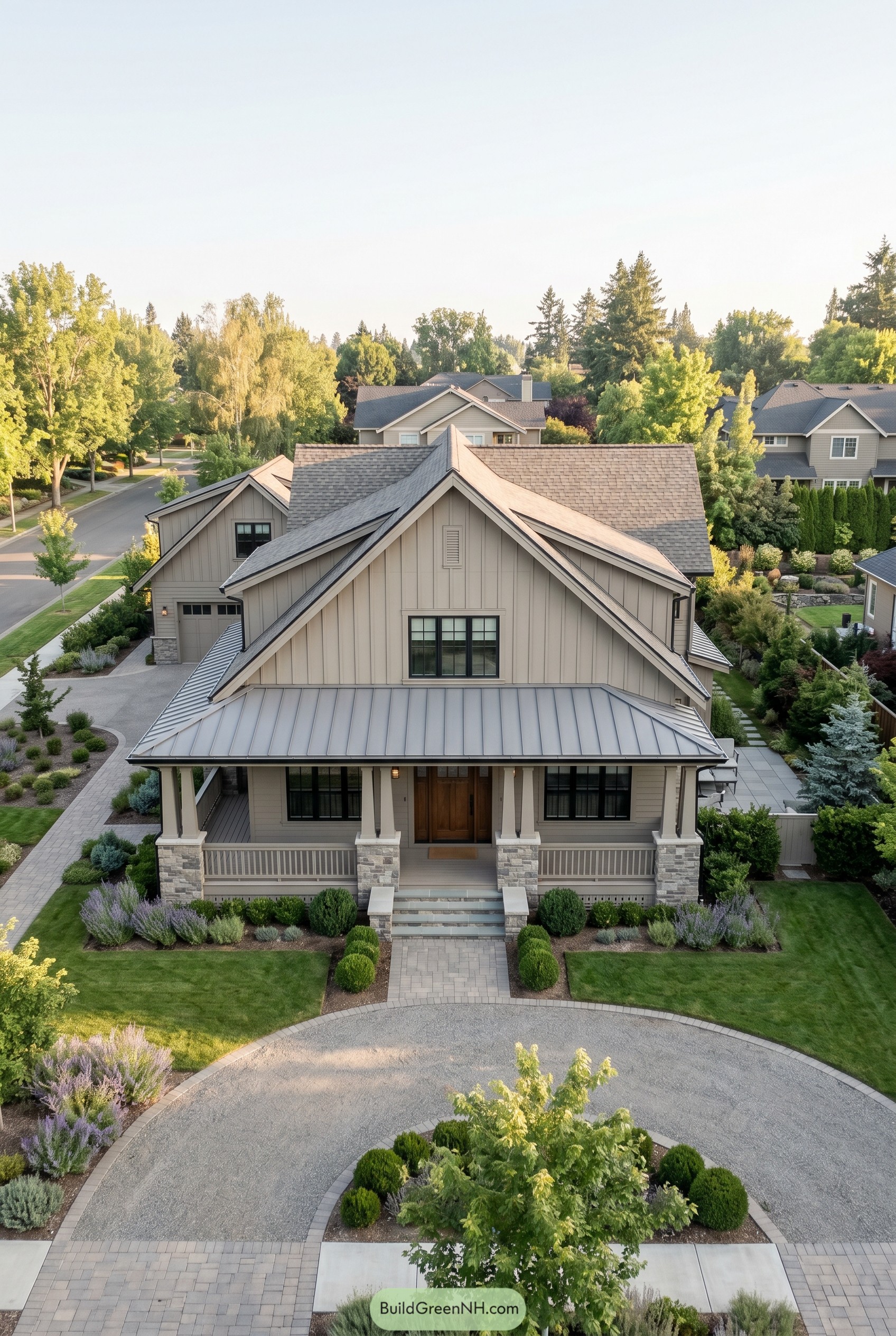 Modern craftsman house with layered gables and deep porch