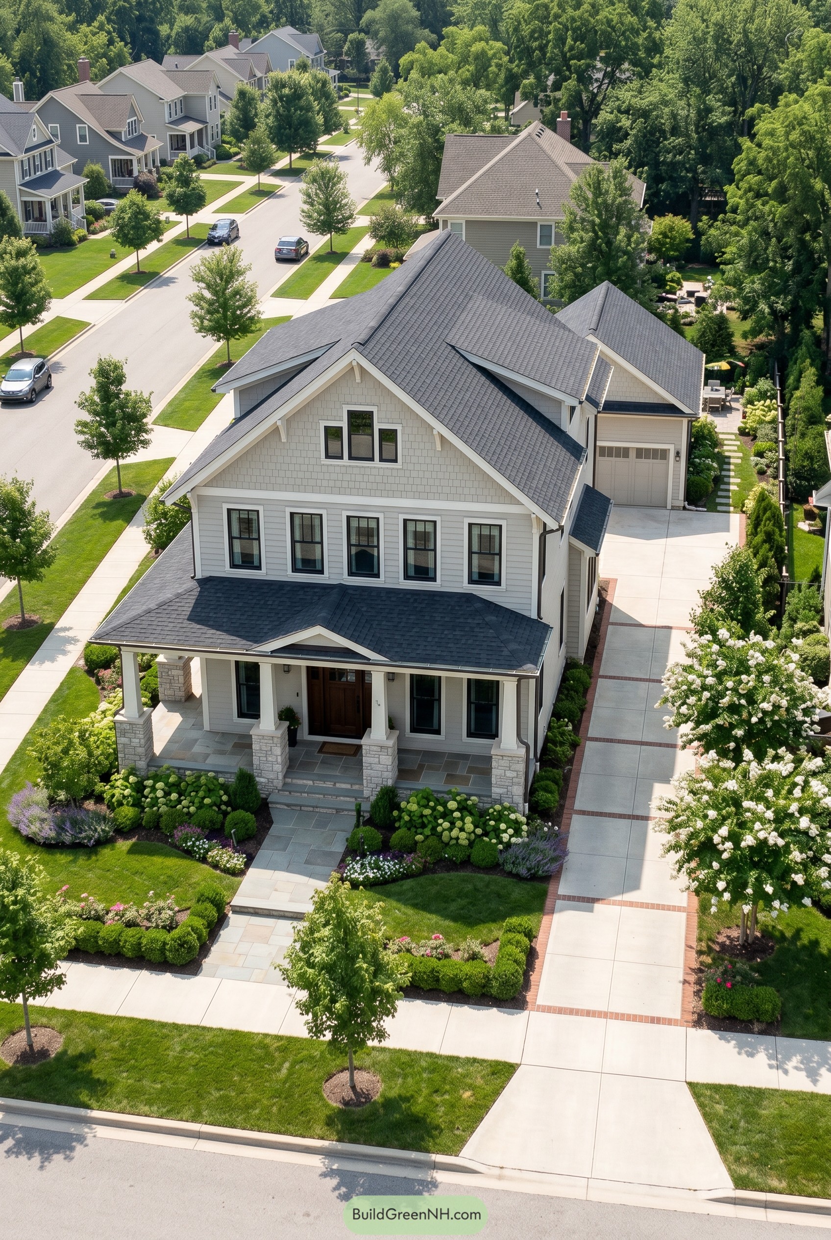 Light gray modern craftsman home with dark gables and stone porch columns