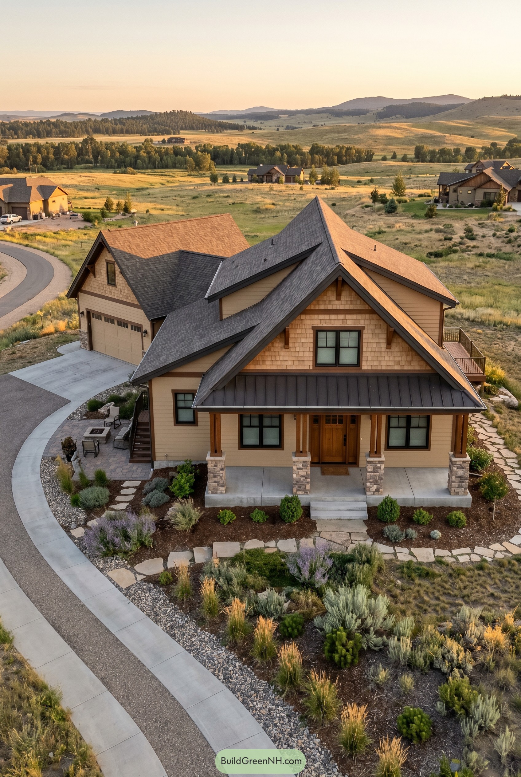 Tan modern craftsman home with steep gables