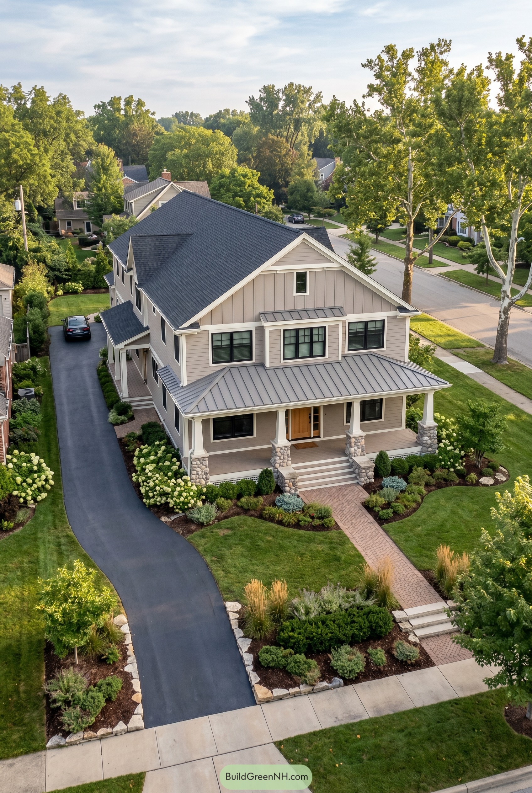 Modern craftsman home with stone porch columns