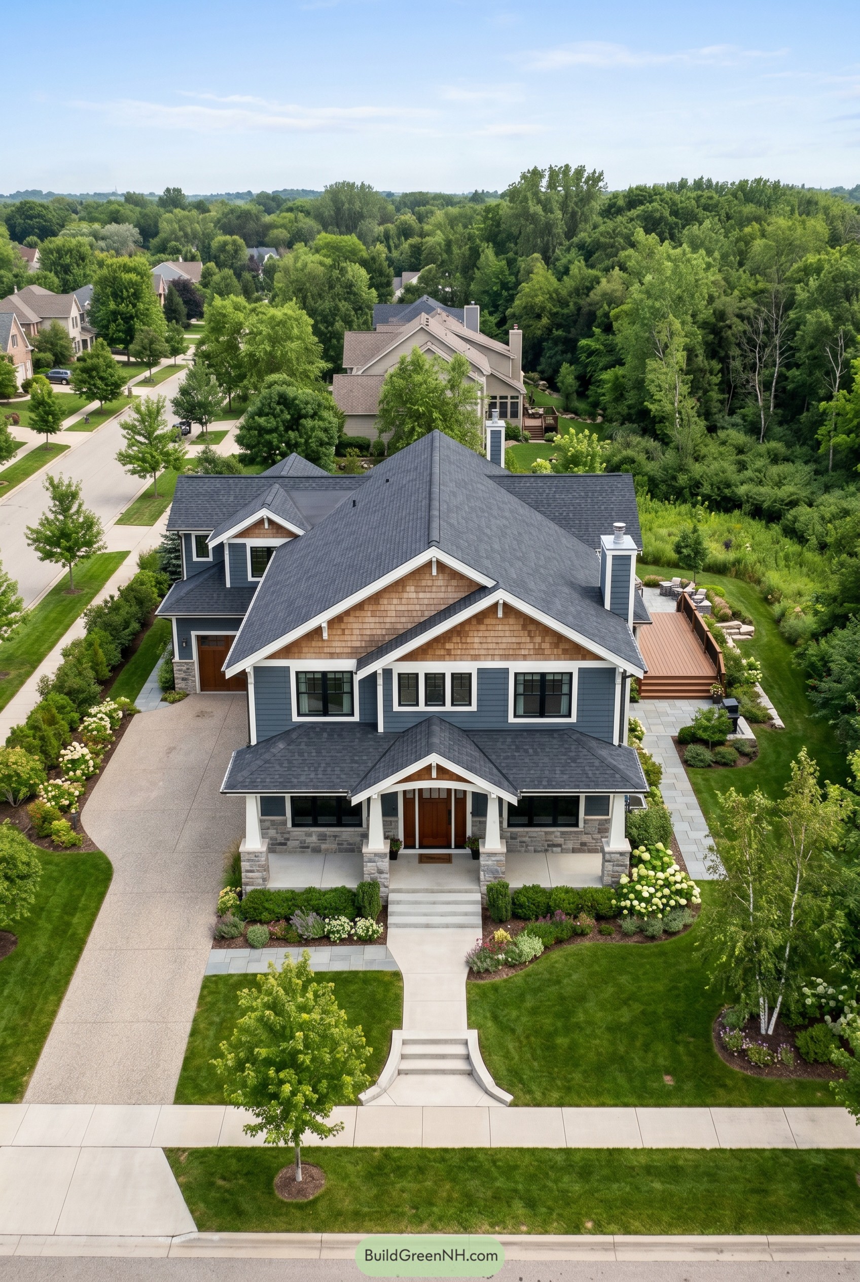 Blue gray modern craftsman with layered gables and wide porch