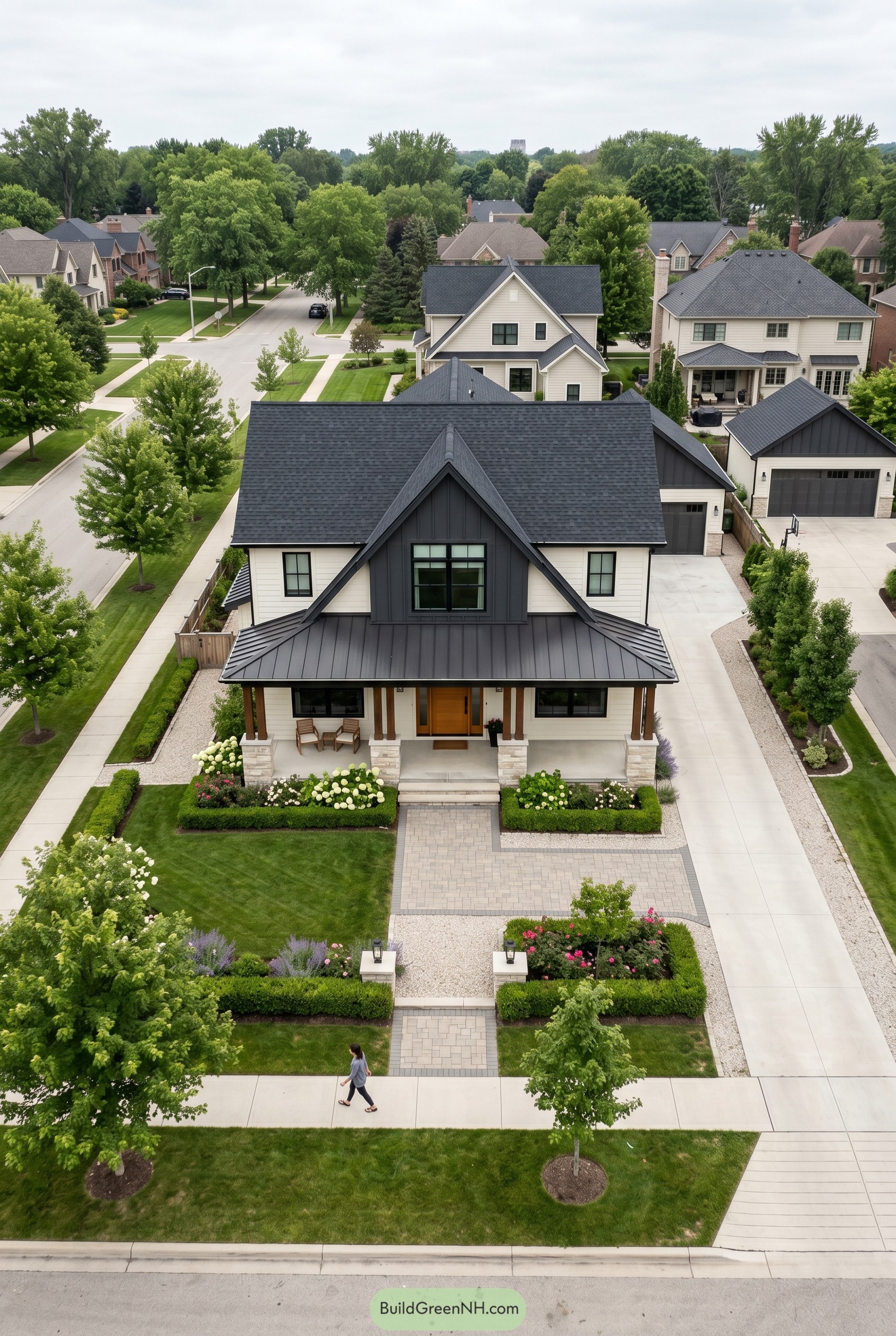 Modern craftsman house with black gables and porch